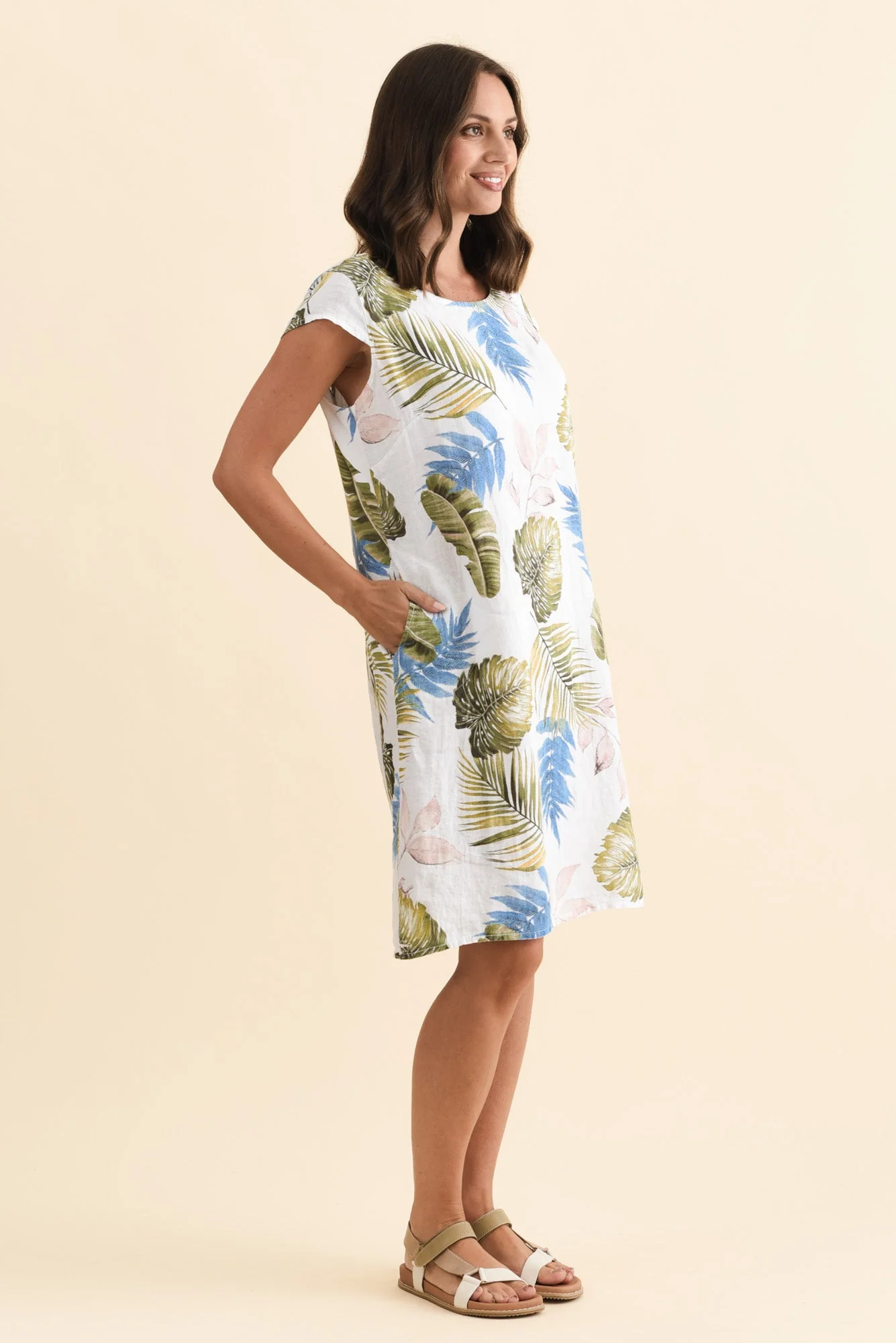 Tina White Palm Linen Pocket Dress - Image 3