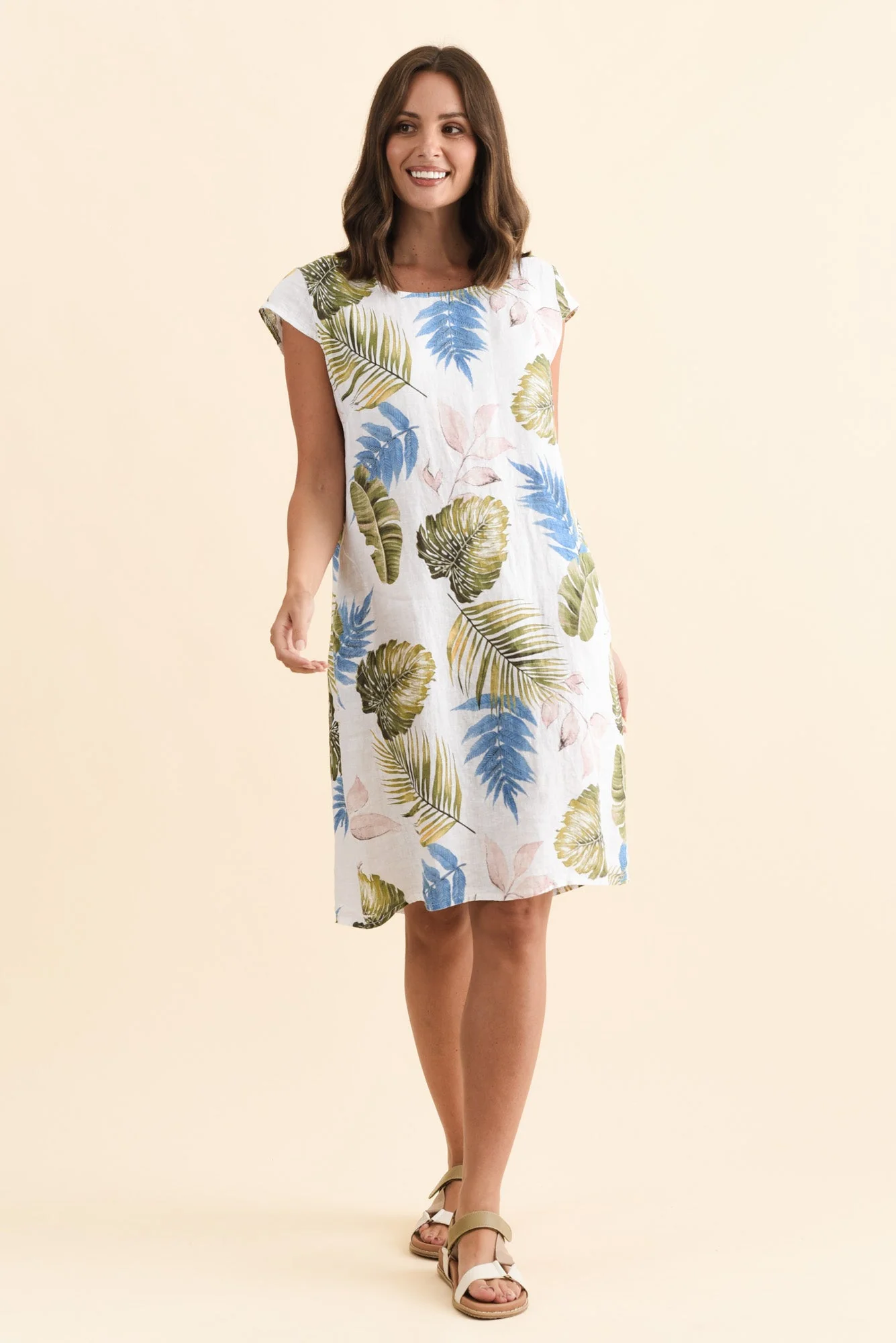 Tina White Palm Linen Pocket Dress - Image 6