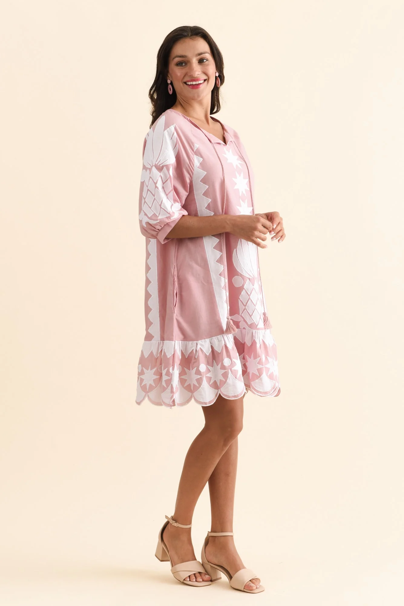 Tori Pink Abstract Cotton Tassel Dress - Image 3