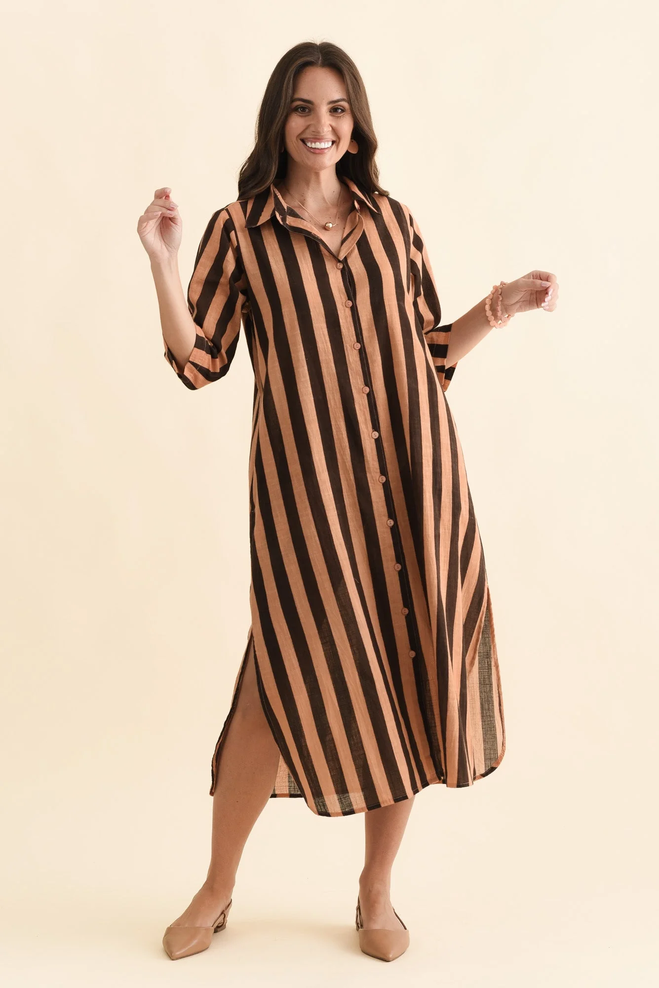 Tricia Chocolate Stripe Cotton Shirt Dress - Image 3
