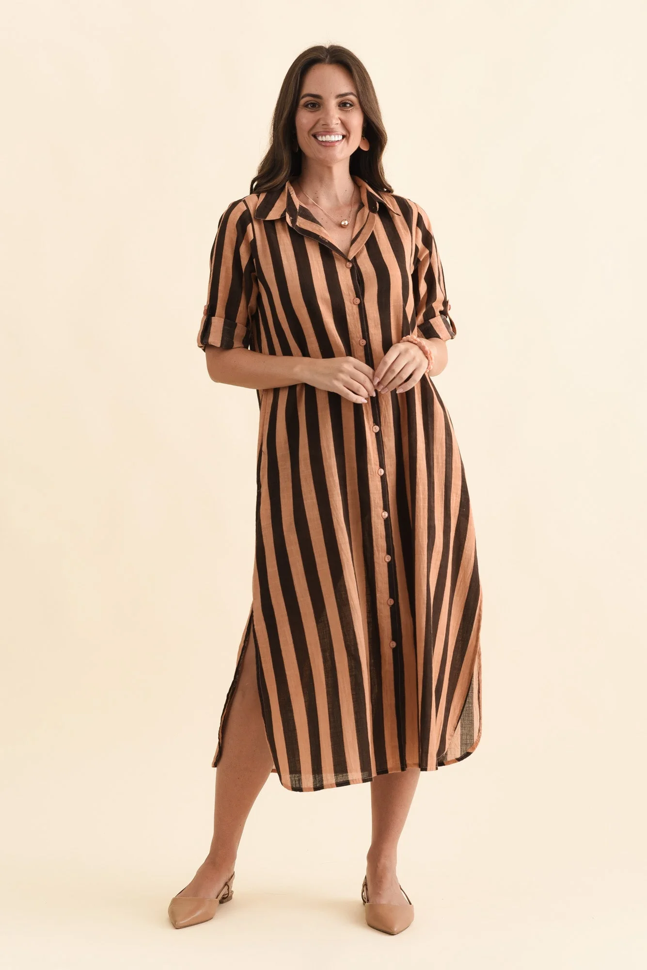 Tricia Chocolate Stripe Cotton Shirt Dress - Image 7