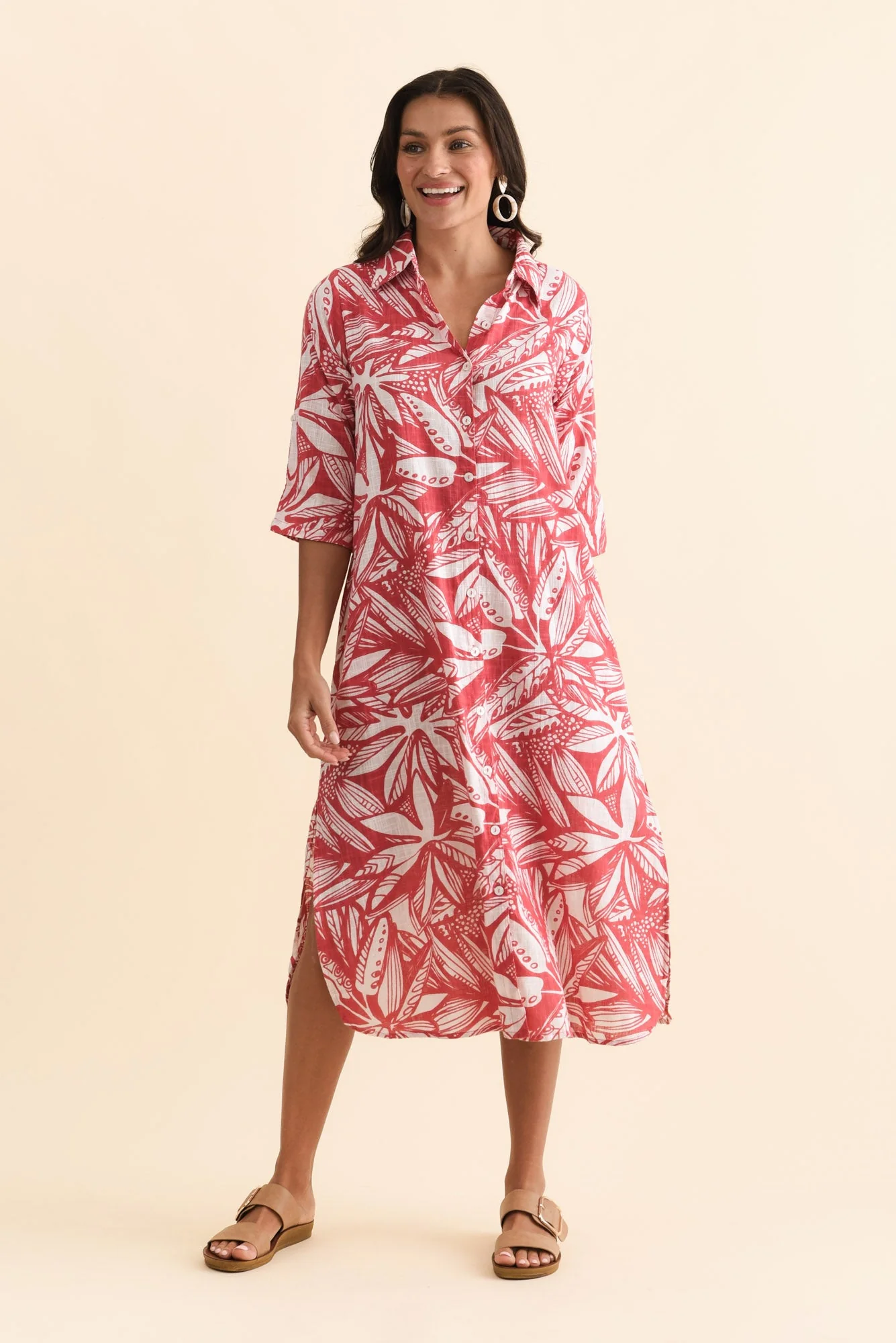 Tricia Coral Leaf Cotton Shirt Dress - Image 2