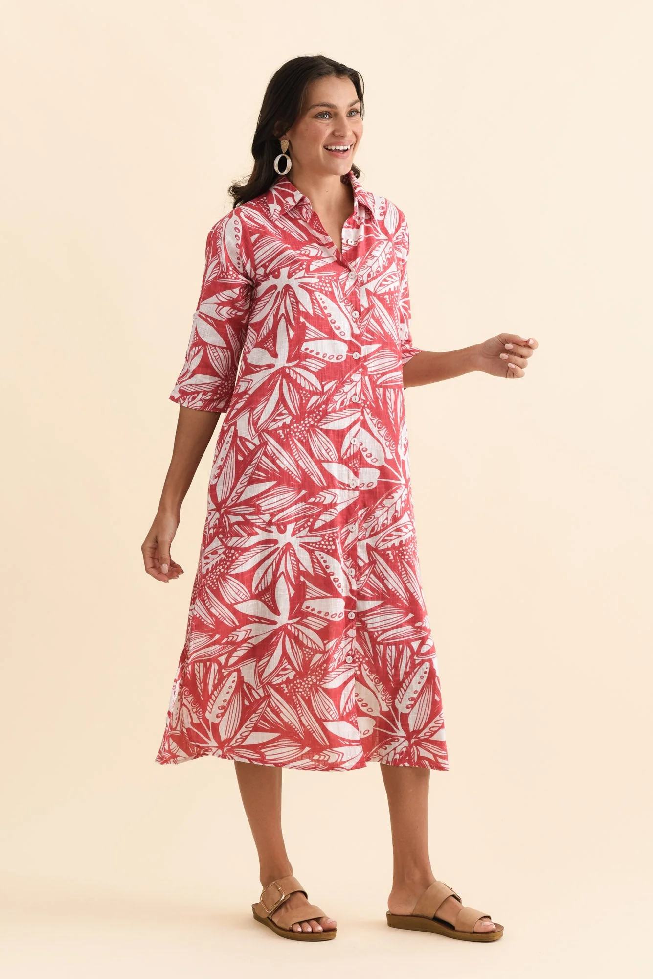 Tricia Coral Leaf Cotton Shirt Dress - Image 3