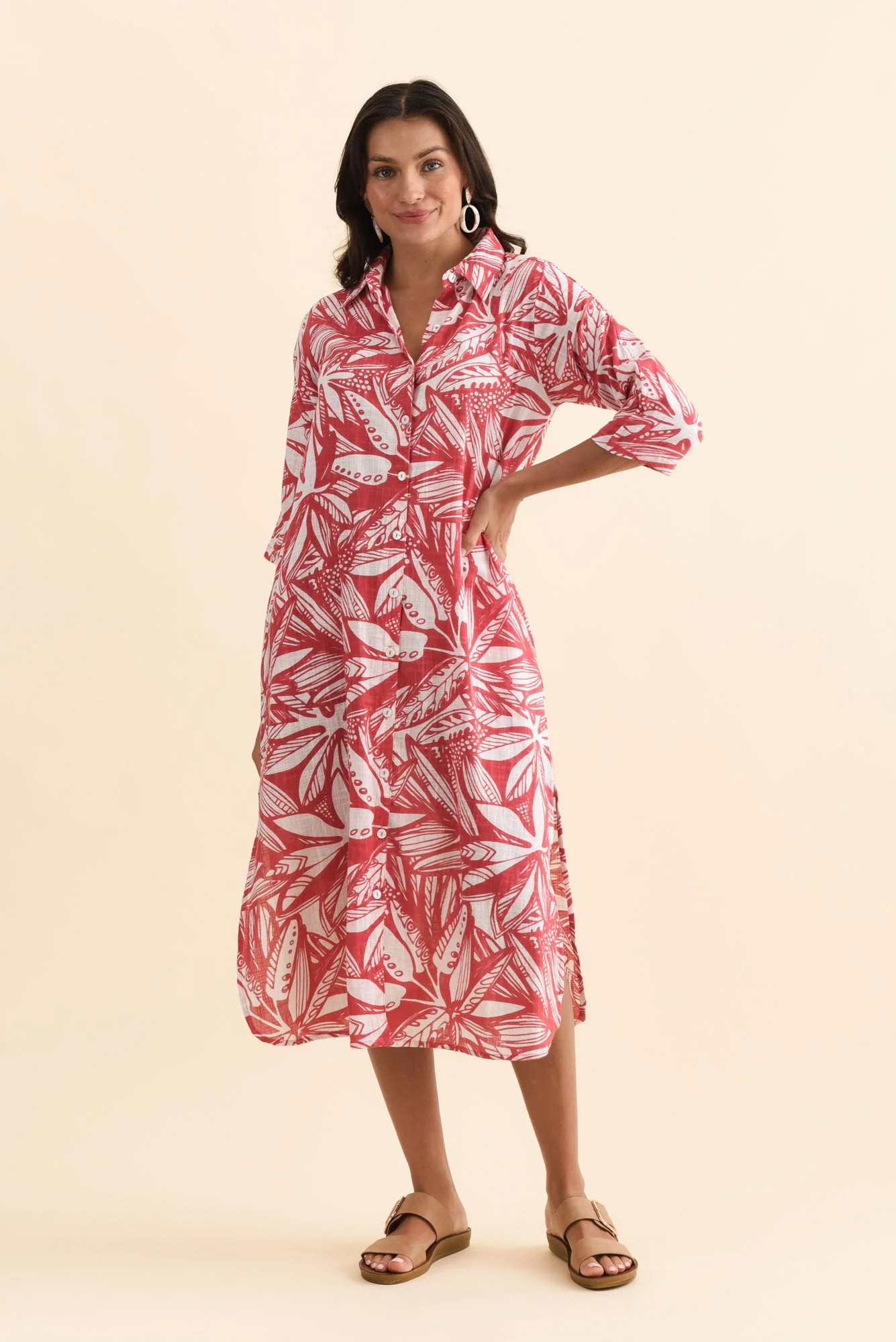 Tricia Coral Leaf Cotton Shirt Dress - Image 6