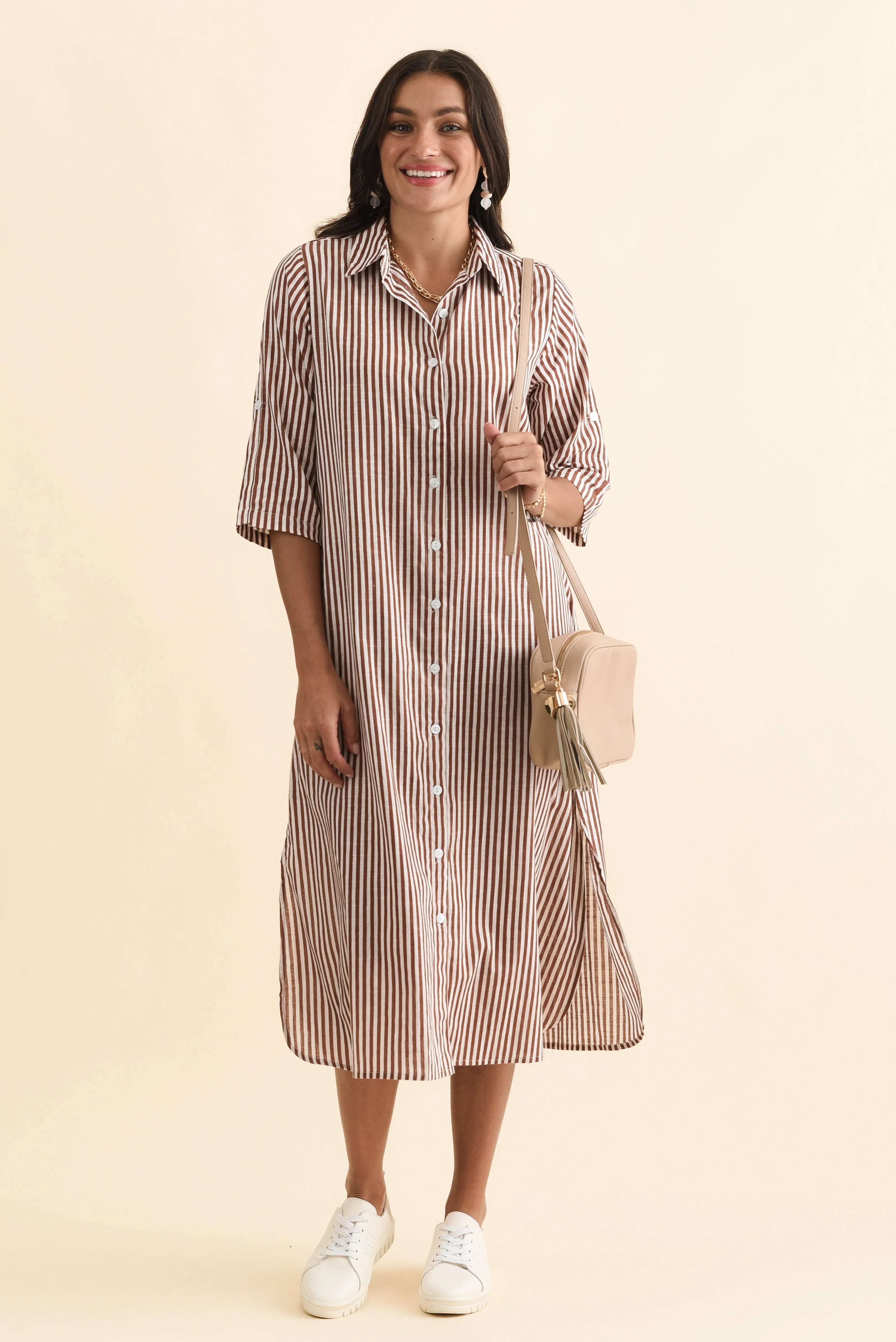 Tricia Mocha Stripe Cotton Shirt Dress - Image 2