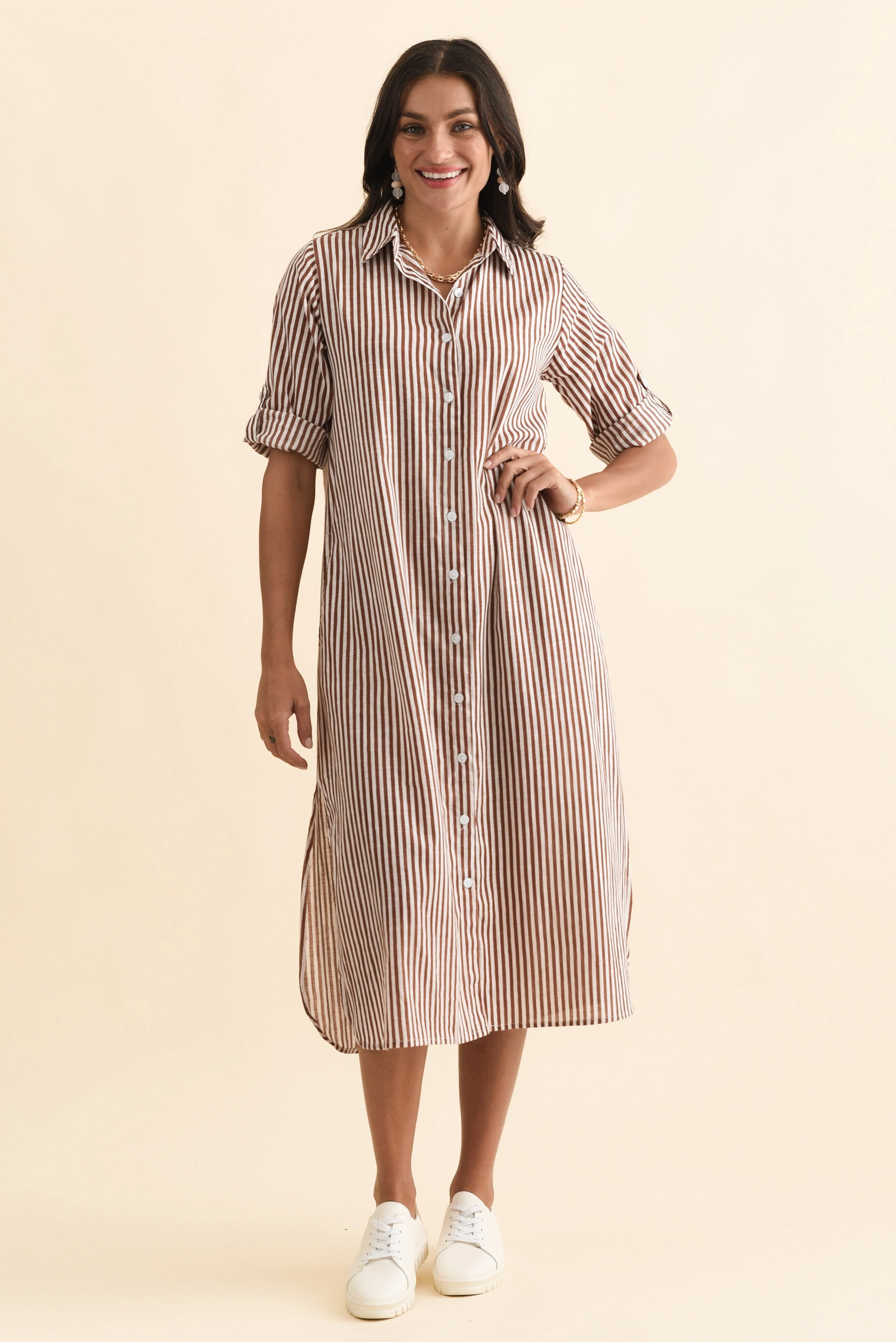Tricia Mocha Stripe Cotton Shirt Dress - Image 3