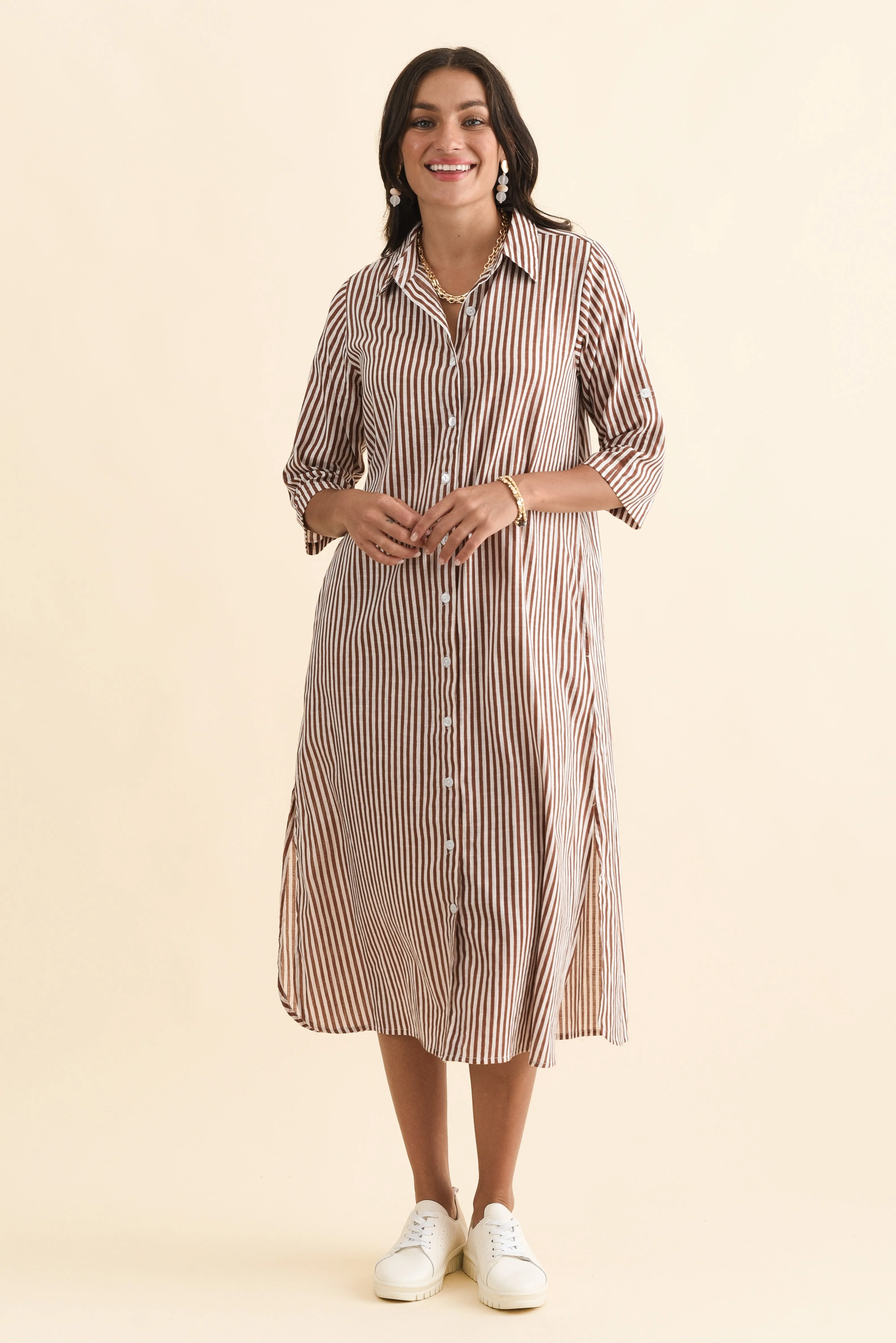 Tricia Mocha Stripe Cotton Shirt Dress - Image 8