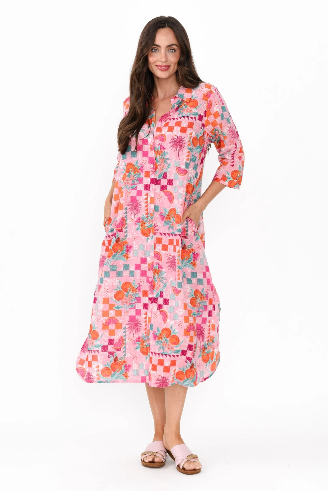 Tricia Pink Tropical Cotton Shirt Dress - Image 3