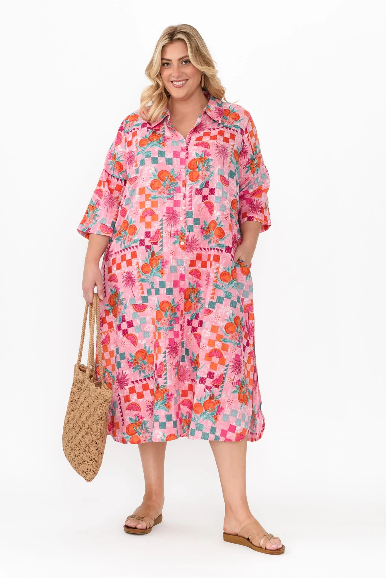 Tricia Pink Tropical Cotton Shirt Dress - Image 8