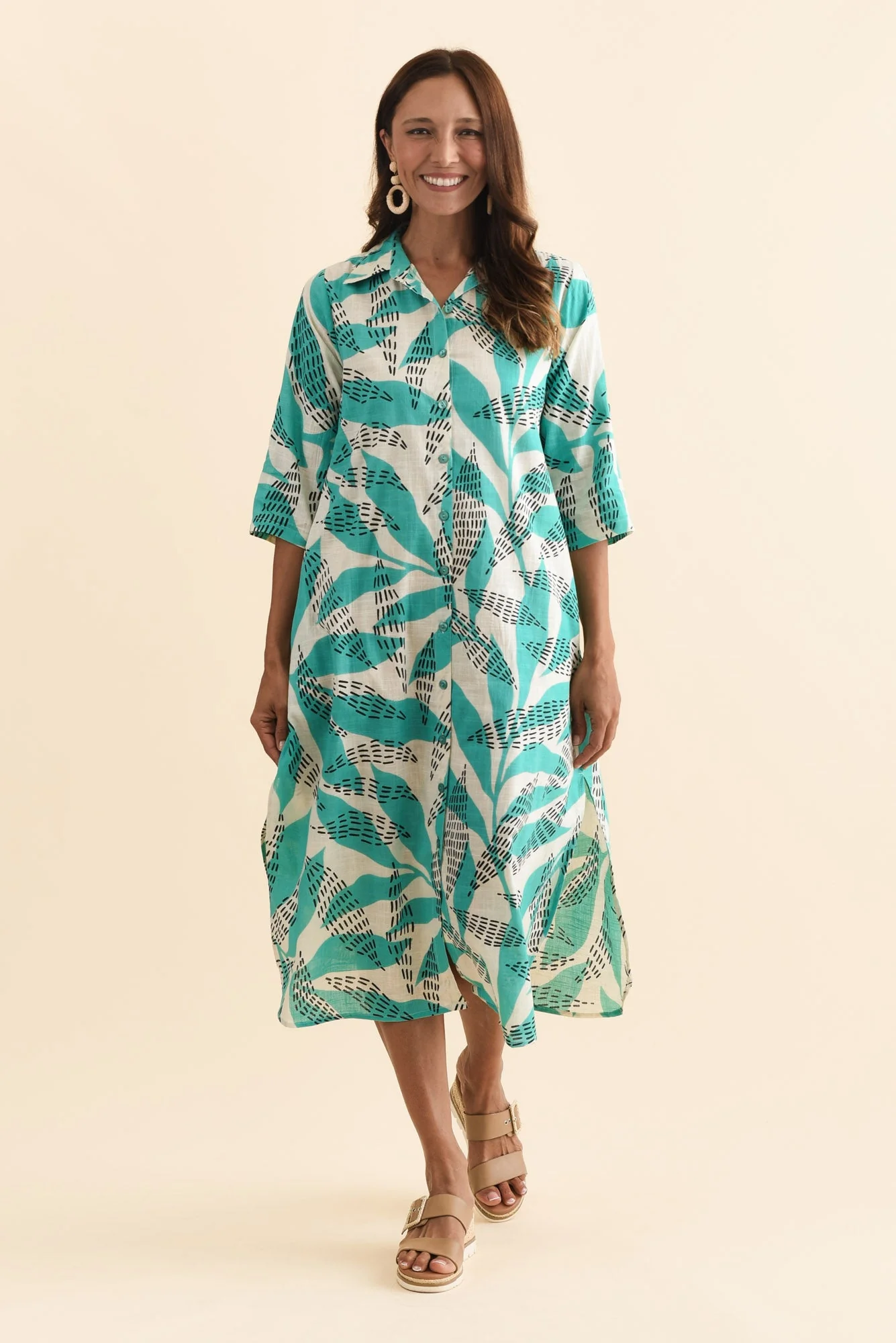 Tricia Teal Fern Cotton Shirt Dress - Image 2