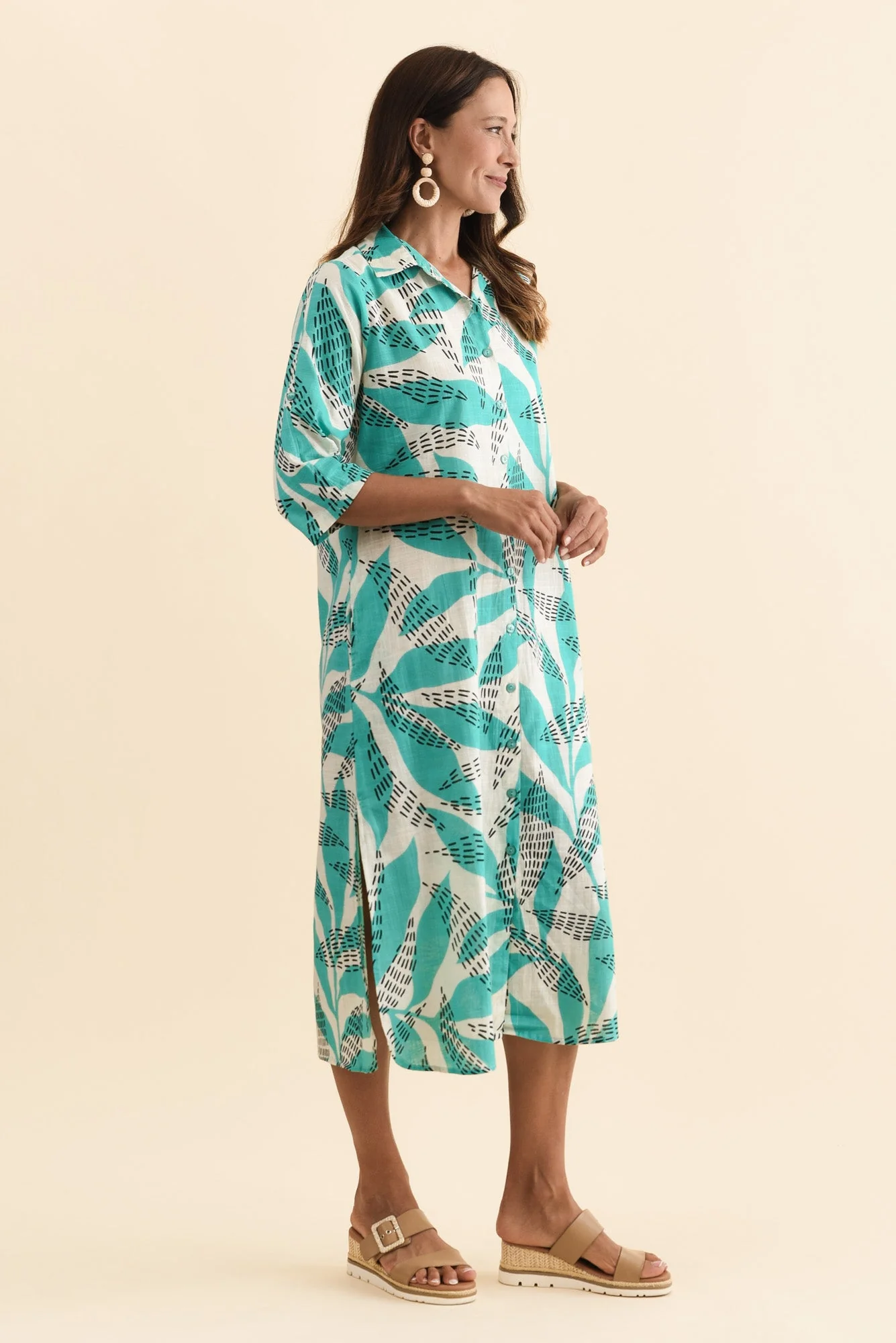 Tricia Teal Fern Cotton Shirt Dress - Image 3