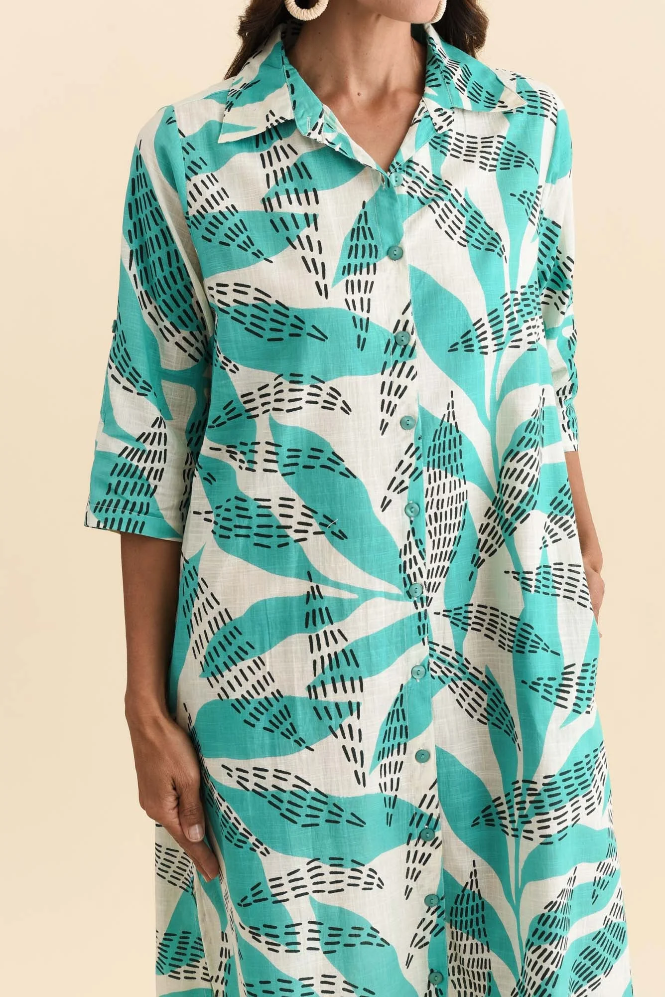 Tricia Teal Fern Cotton Shirt Dress - Image 5