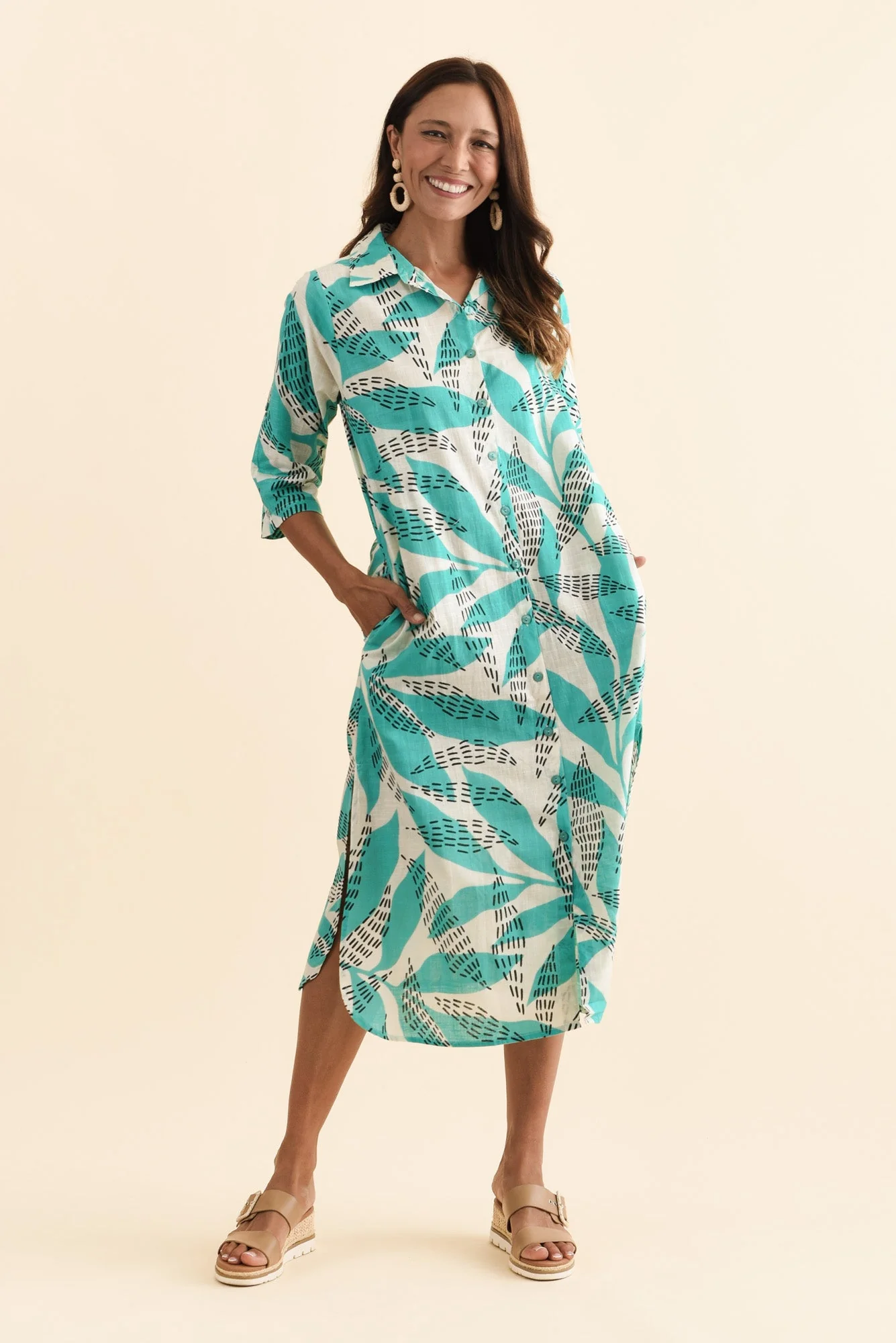 Tricia Teal Fern Cotton Shirt Dress - Image 6