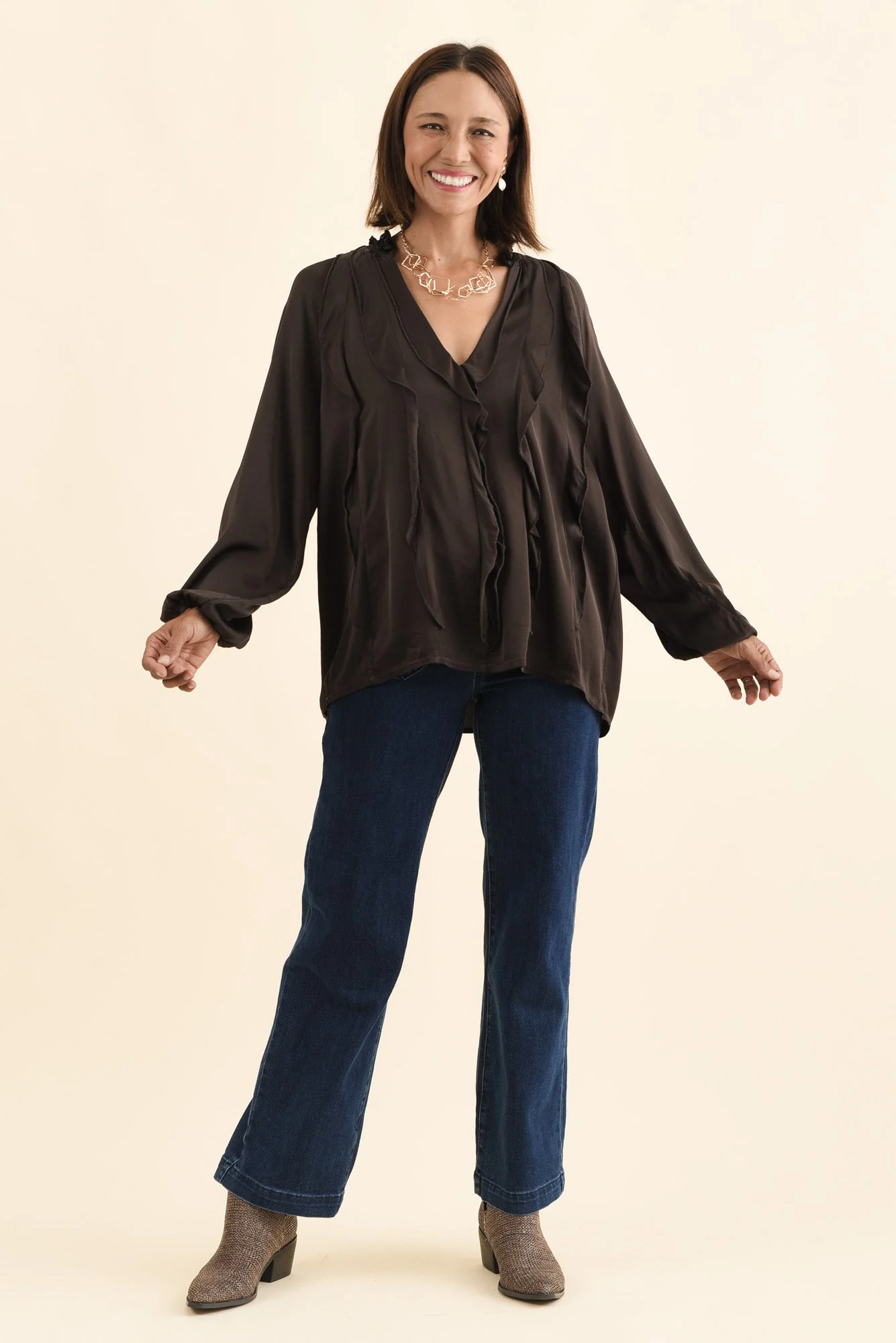Trove Chocolate Silk Ruffle Top - Image 6