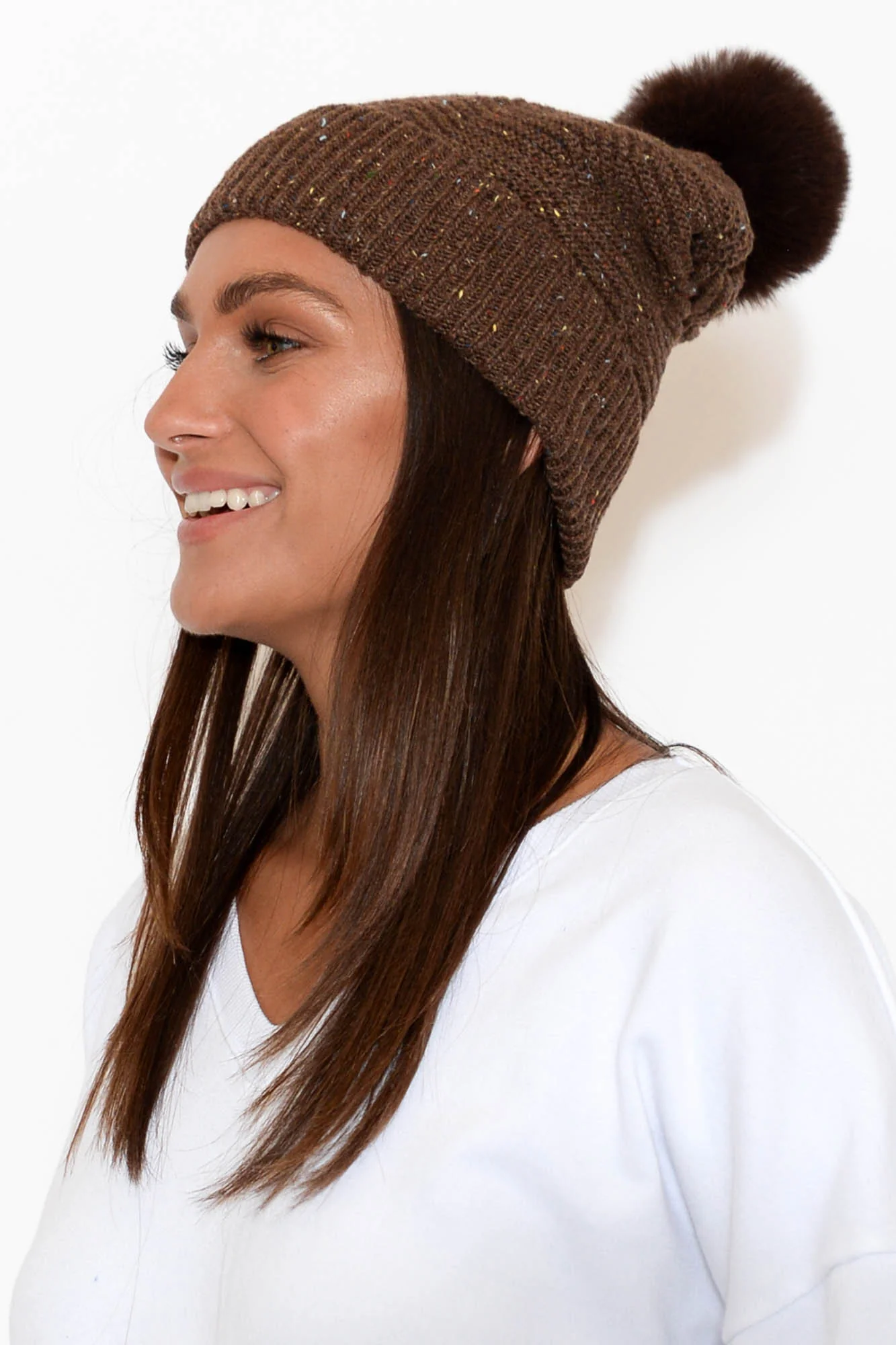 Tullah Chocolate Pom Pom Beanie - Image 2