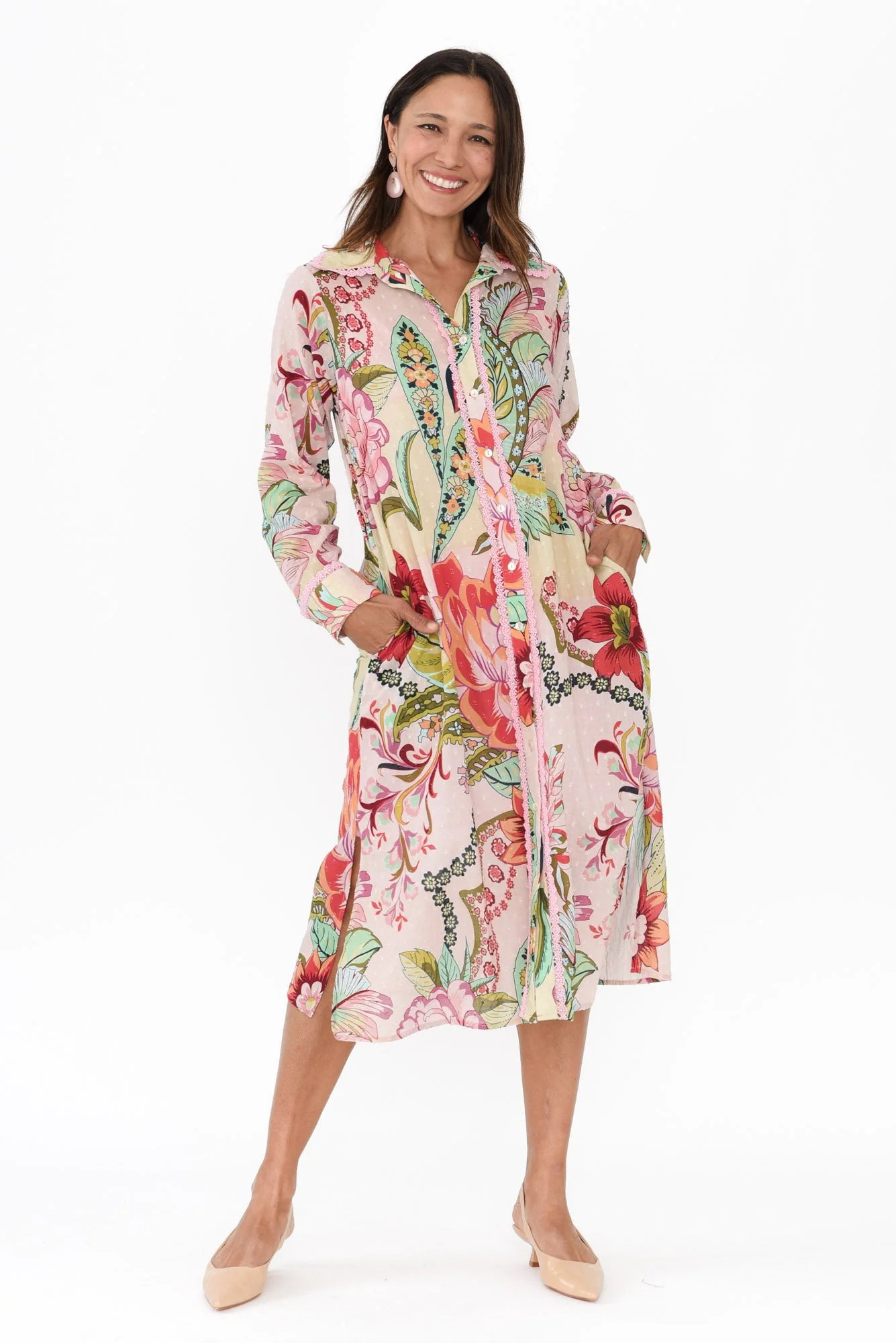 Vada Pink Floral Cotton Shirt Dress - Image 3