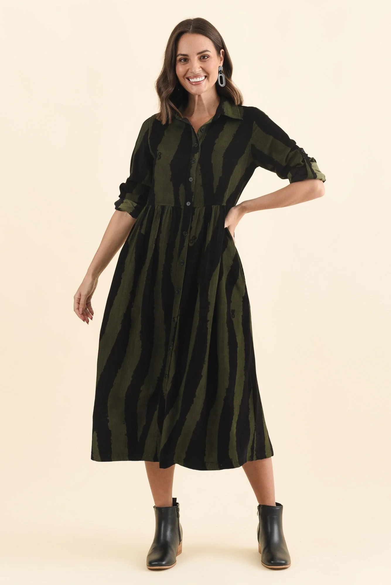 Vani Olive Stripe Cotton Button Dress - Image 2