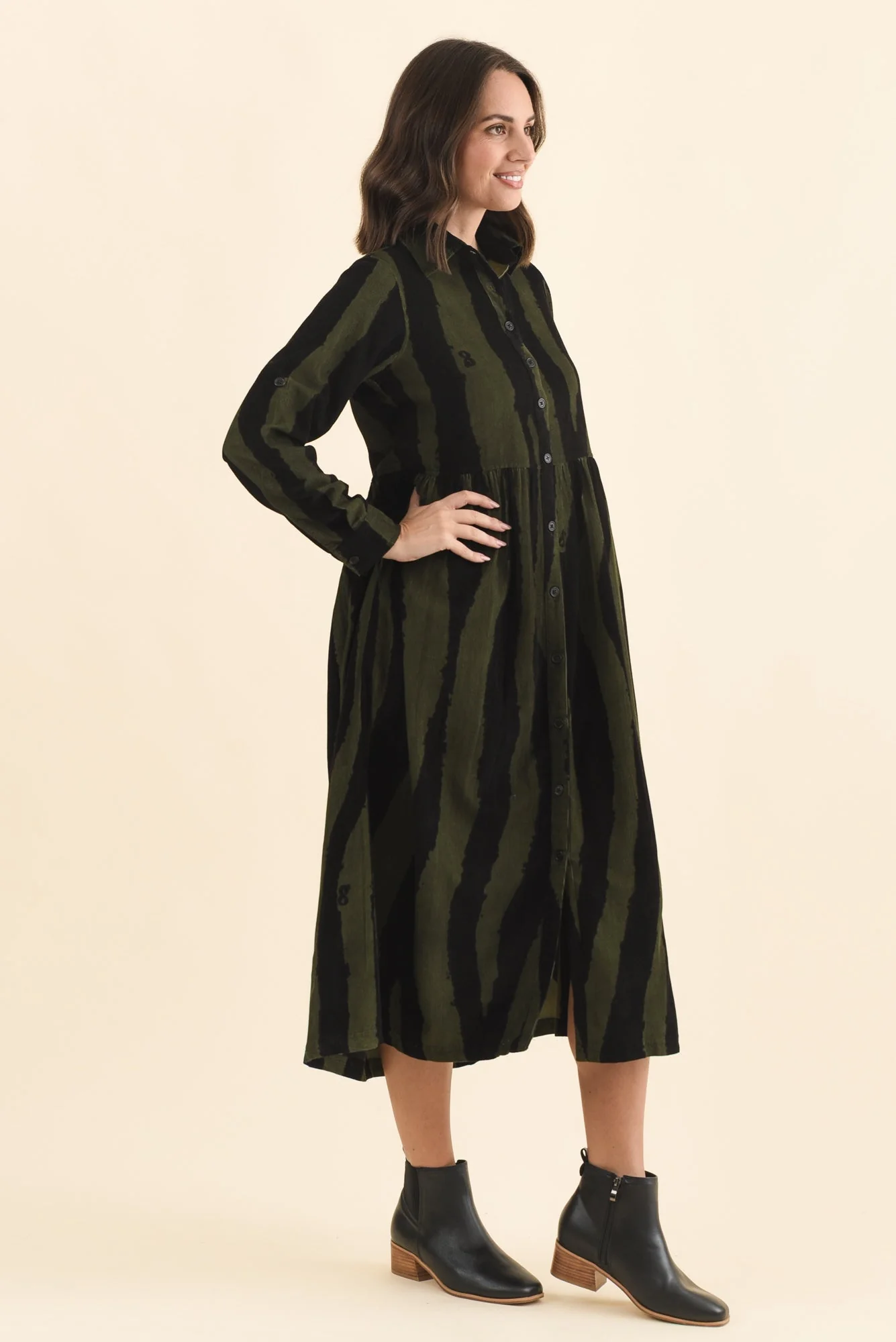 Vani Olive Stripe Cotton Button Dress - Image 3