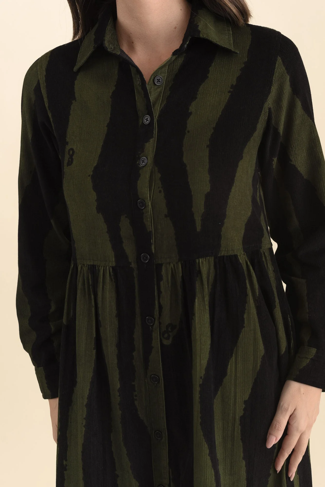 Vani Olive Stripe Cotton Button Dress - Image 5