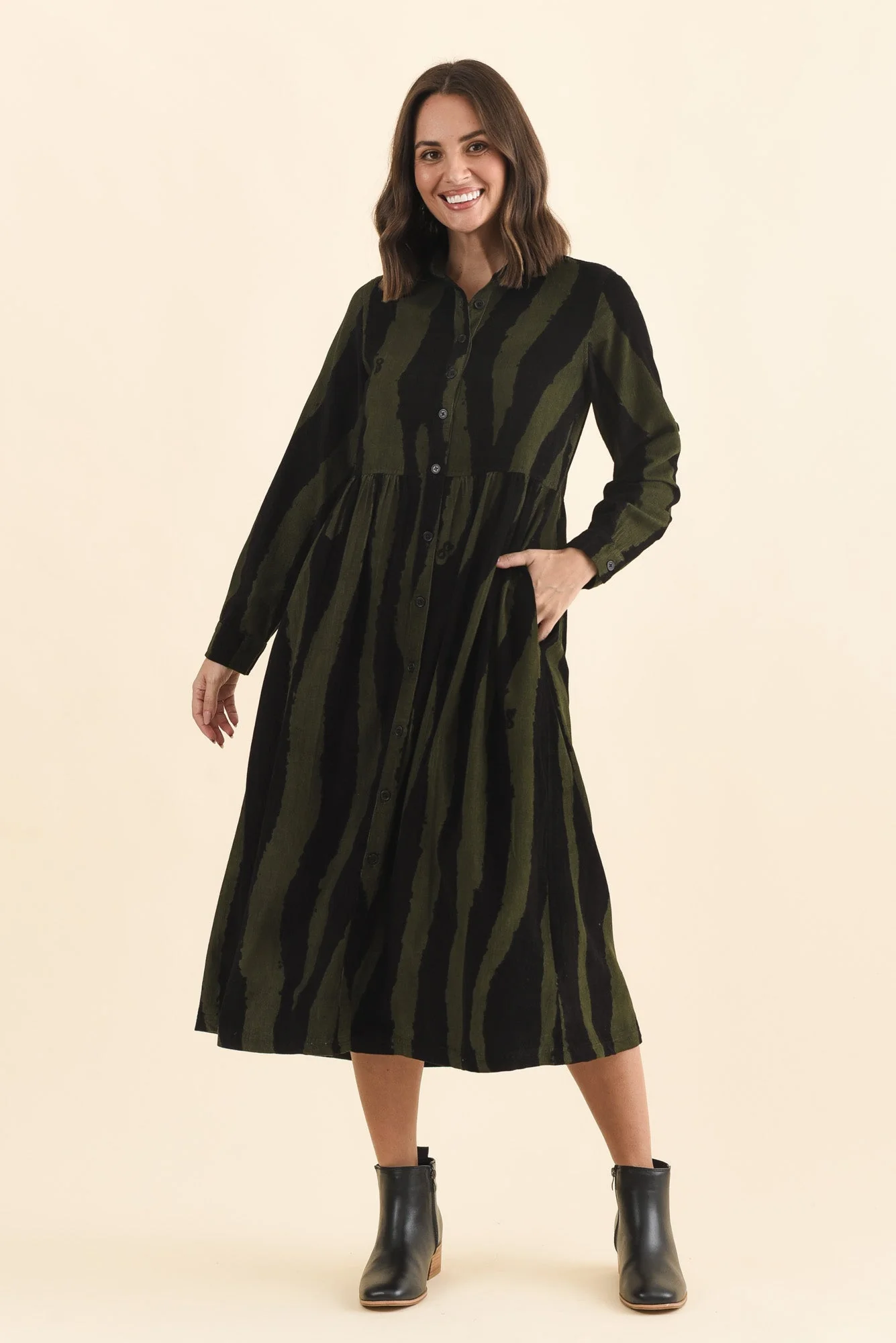 Vani Olive Stripe Cotton Button Dress - Image 6