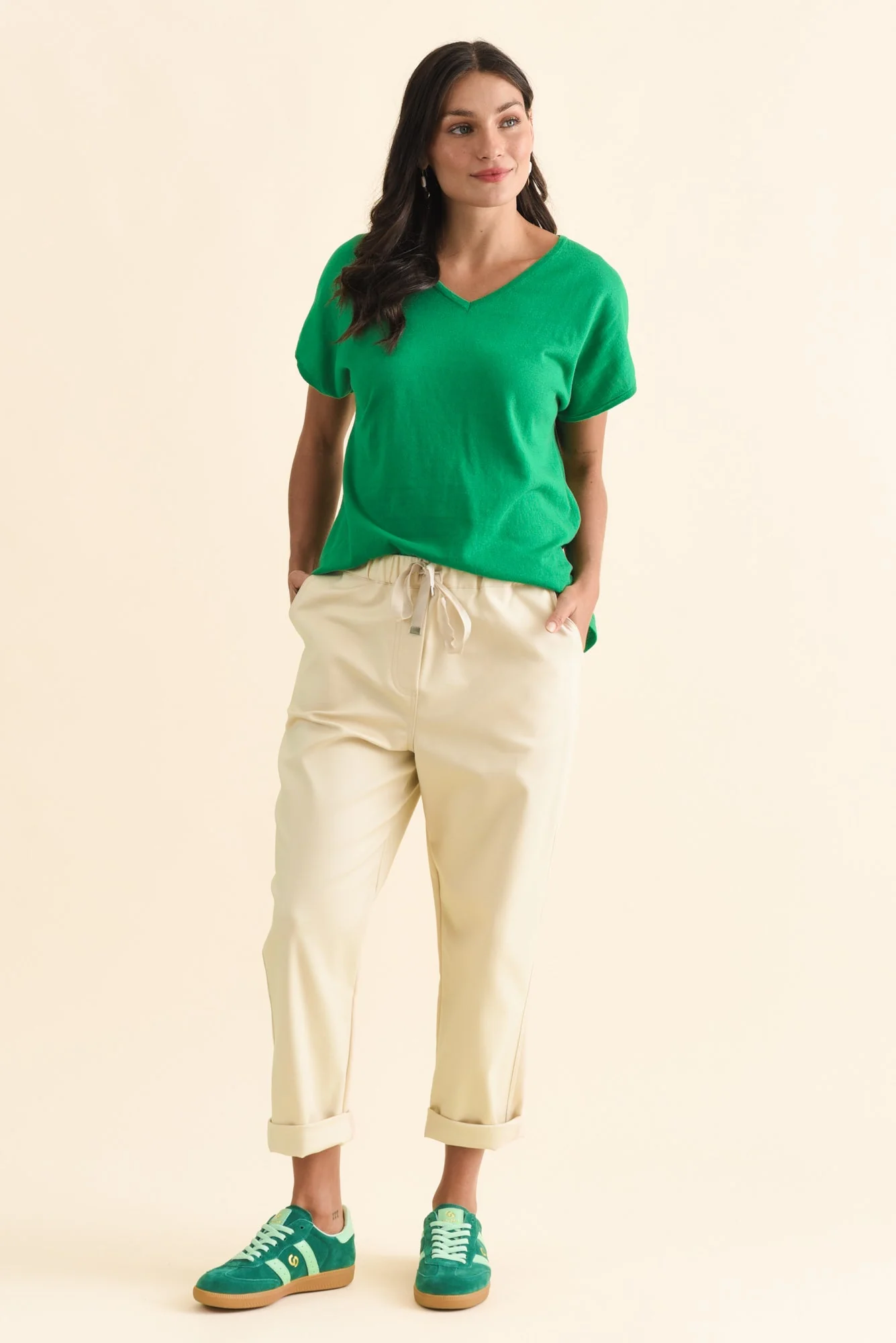 Via Green Cotton V Neck Knit Top - Image 6