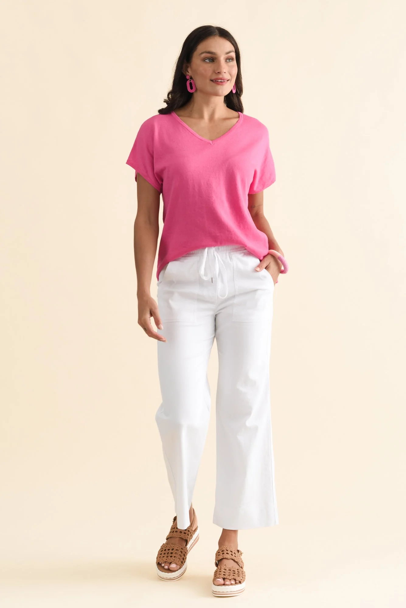 Via Hot Pink Cotton V Neck Knit Top - Image 2