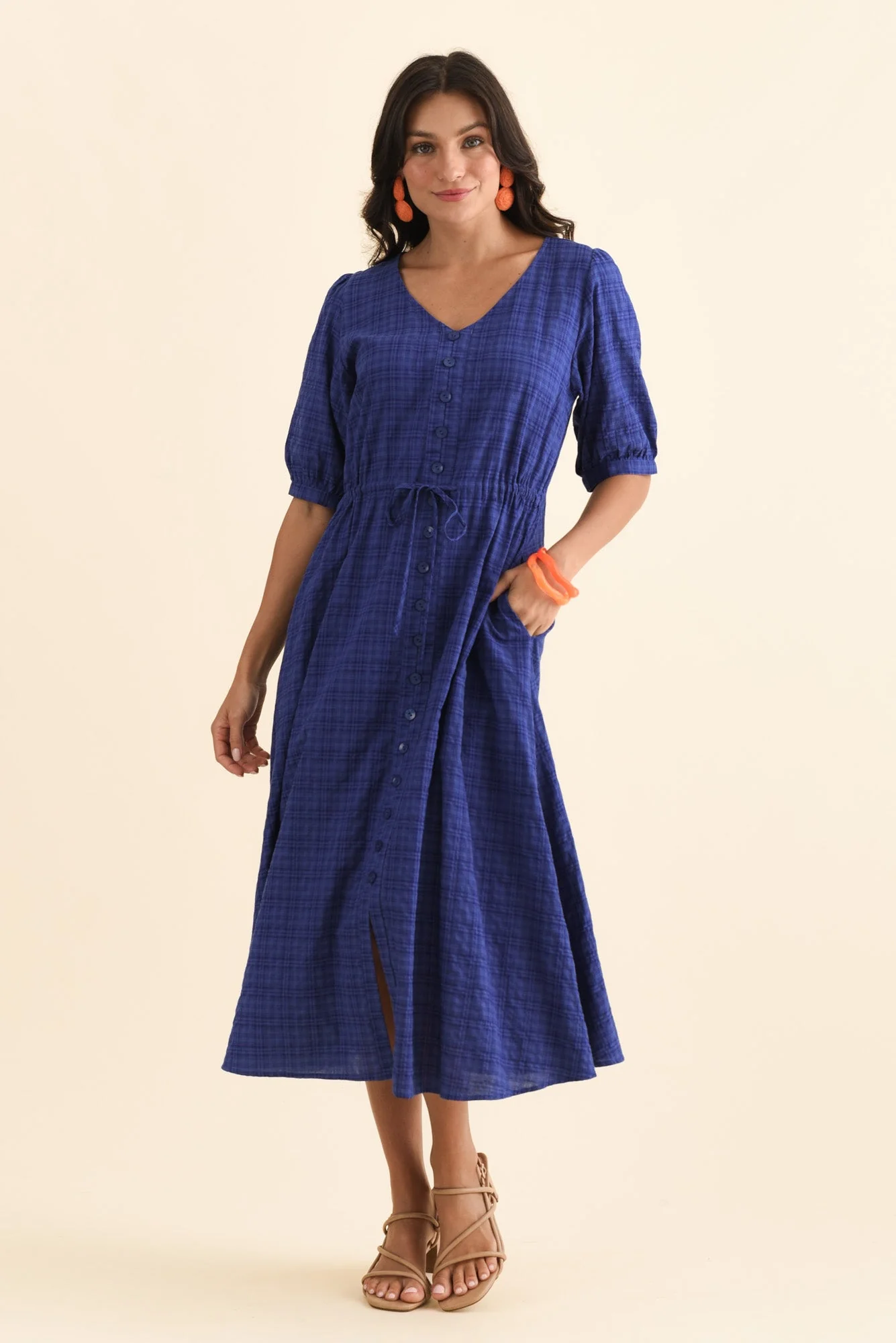 Weslyn Cobalt Check Cotton Blend Dress - Image 2