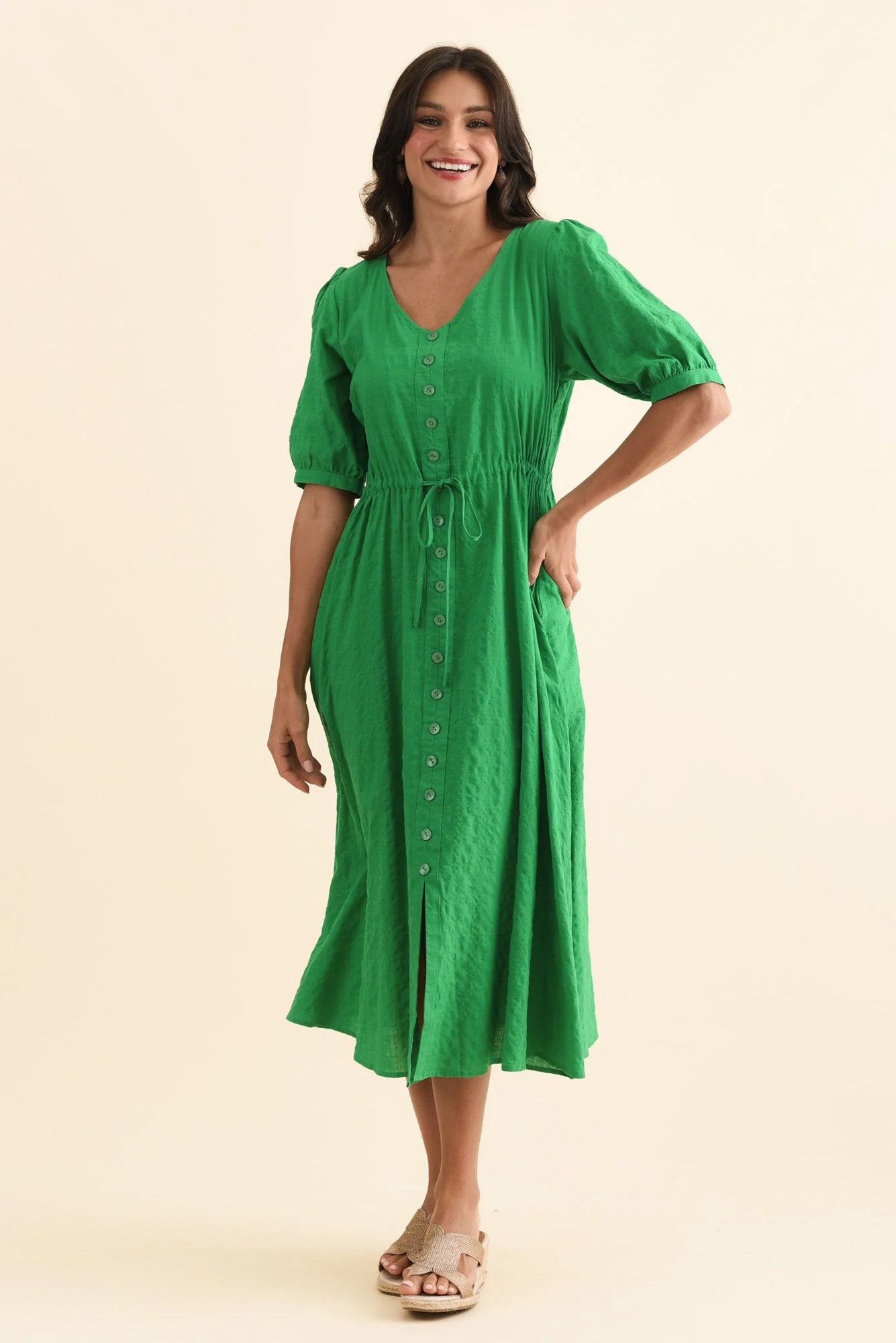 Weslyn Green Check Cotton Blend Dress - Image 6
