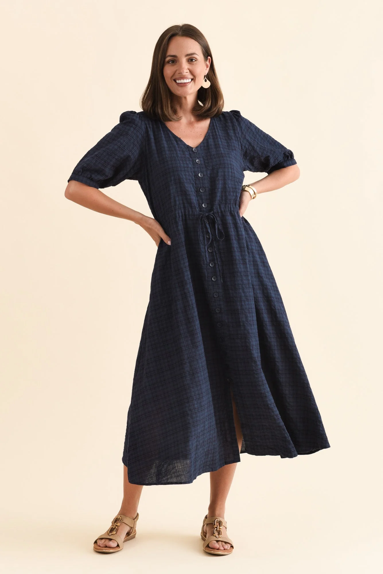 Weslyn Navy Check Cotton Blend Dress - Image 2