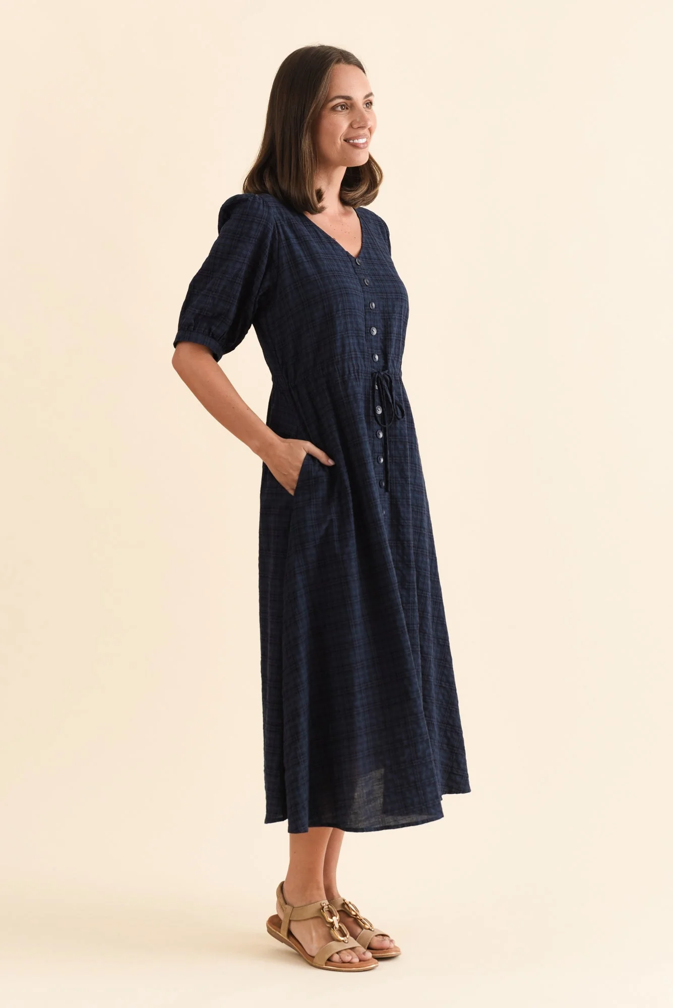 Weslyn Navy Check Cotton Blend Dress - Image 3