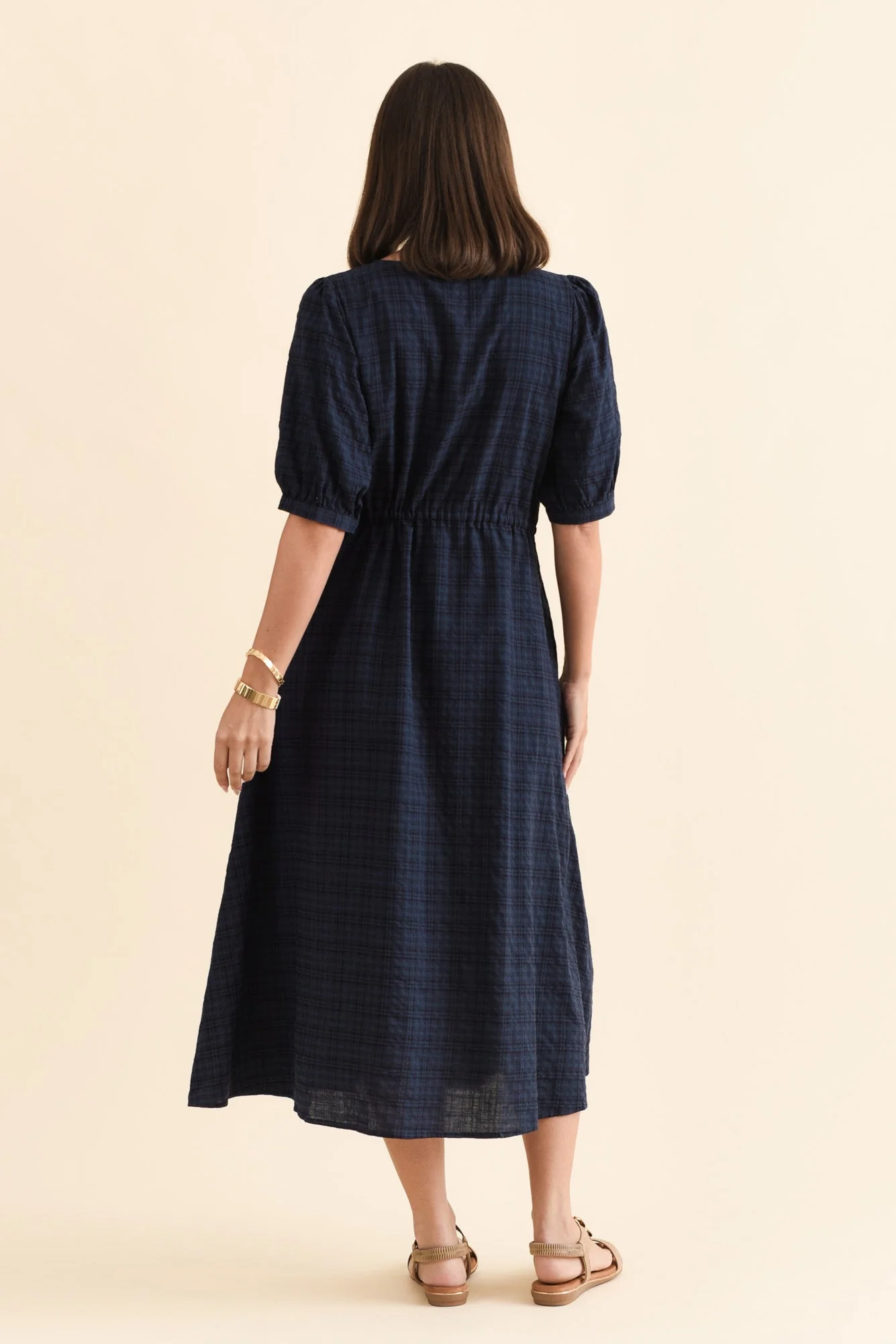 Weslyn Navy Check Cotton Blend Dress - Image 4