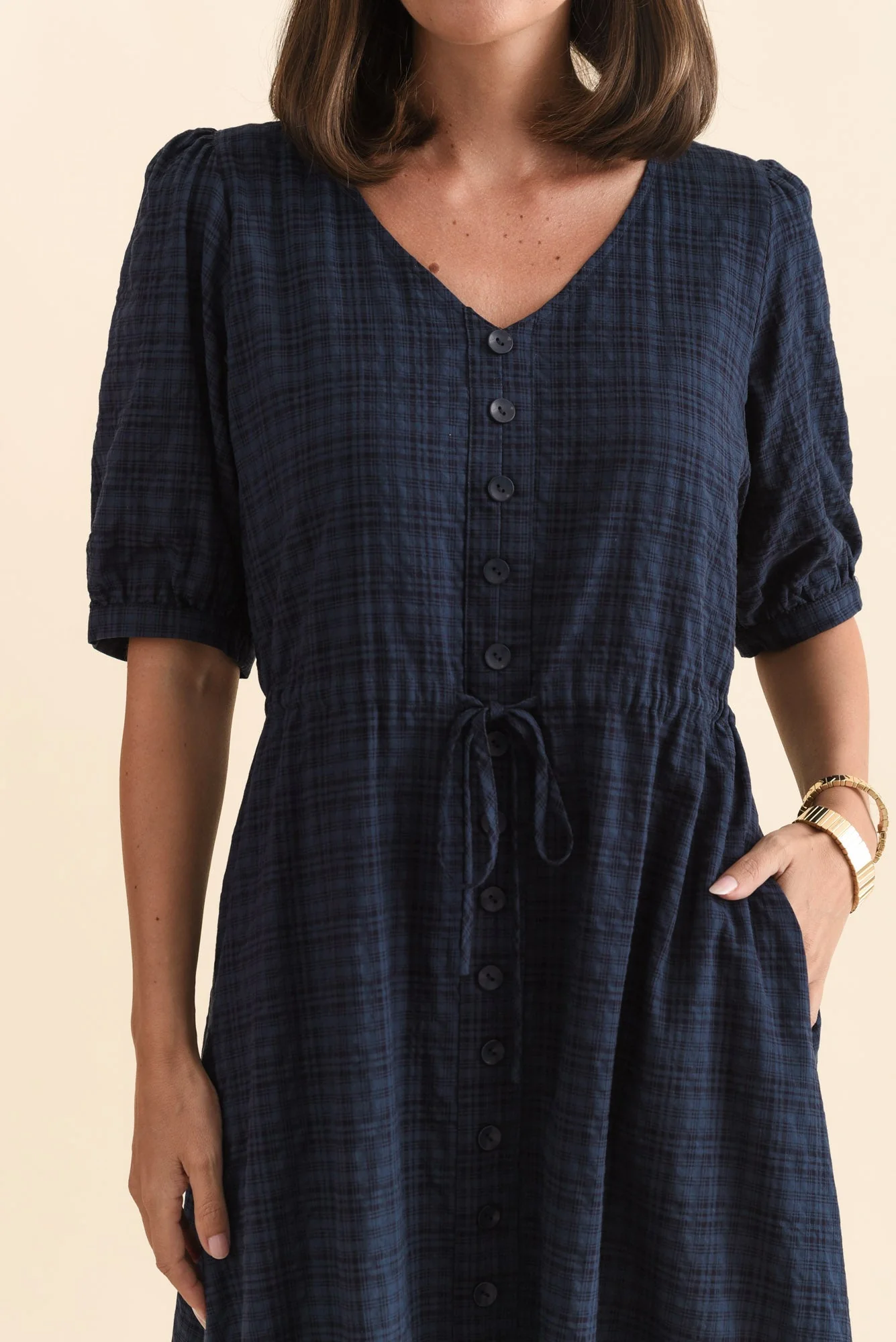 Weslyn Navy Check Cotton Blend Dress - Image 5