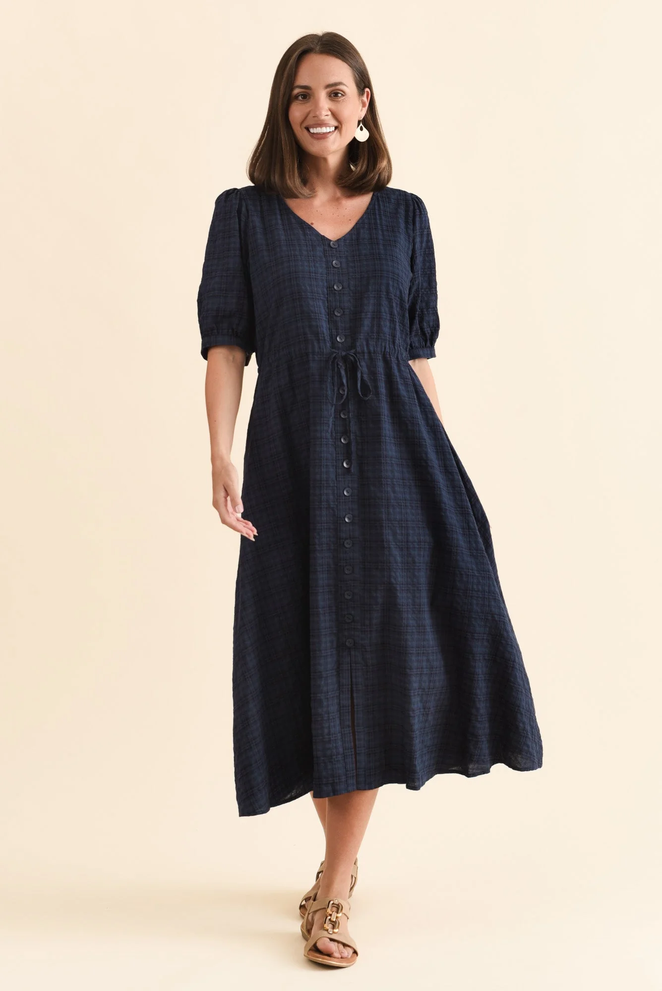 Weslyn Navy Check Cotton Blend Dress - Image 6