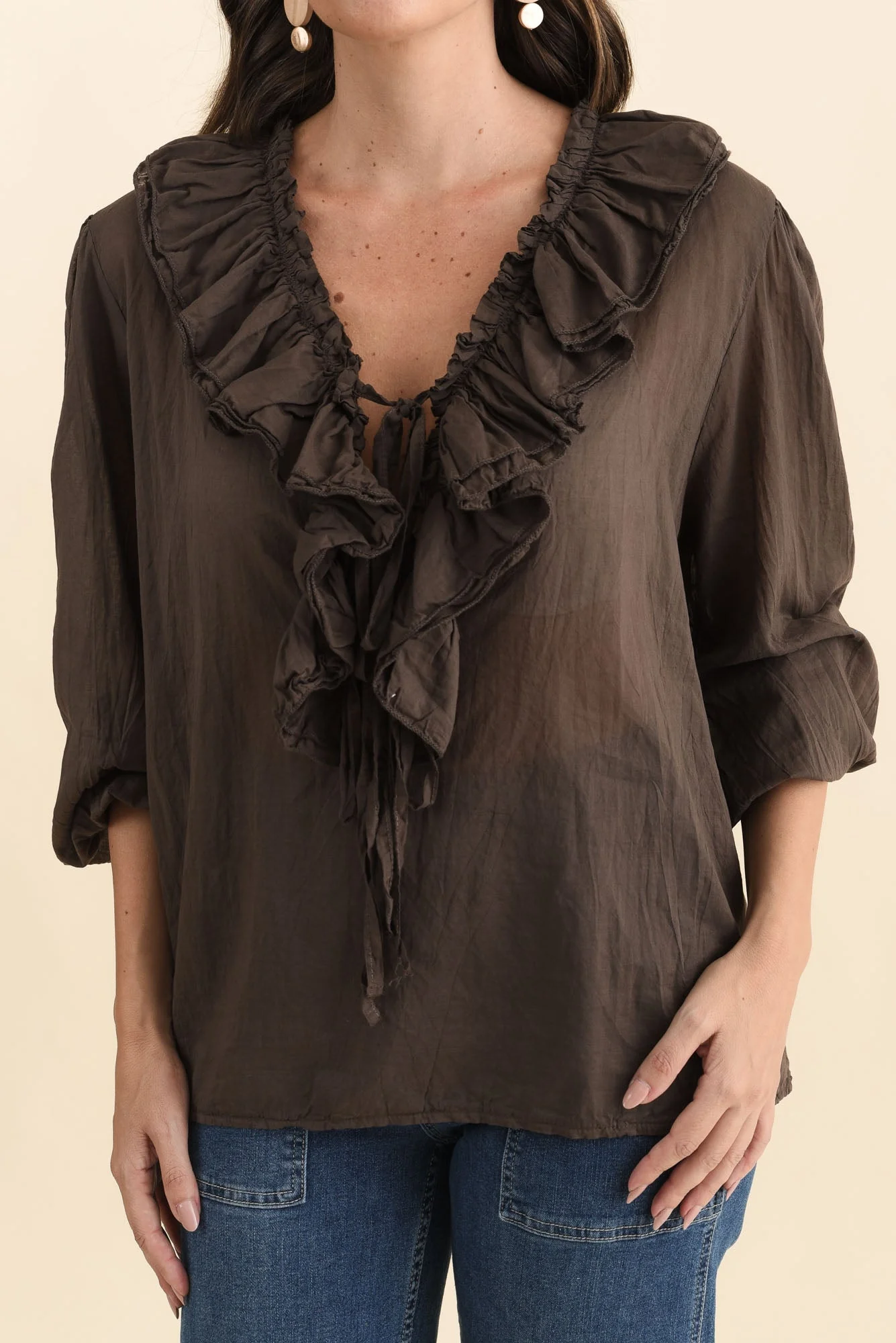 Winifred Chocolate Cotton Frill Top - Image 6