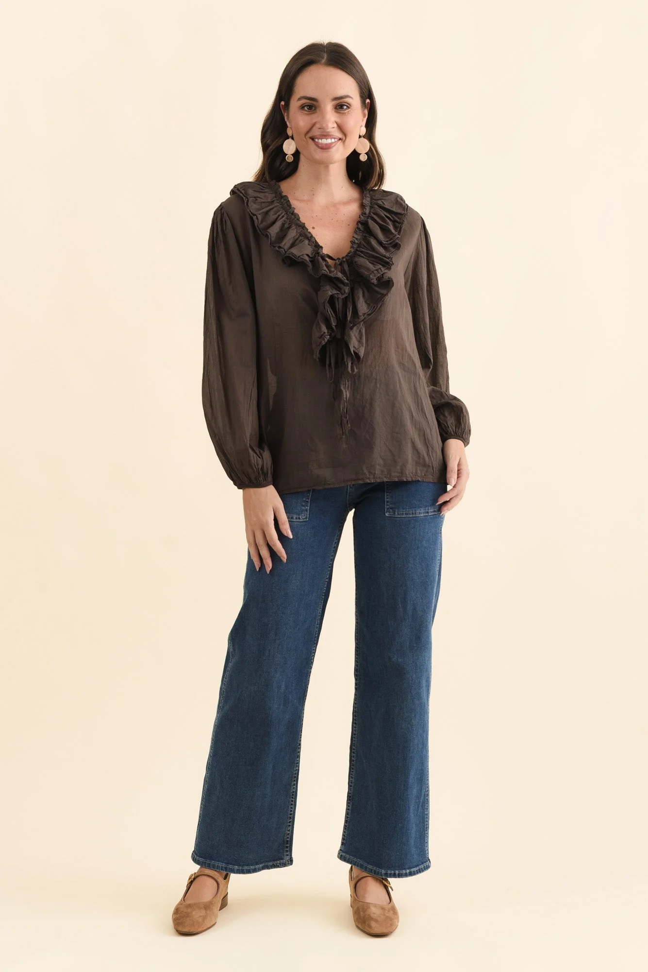 Winifred Chocolate Cotton Frill Top - Image 7