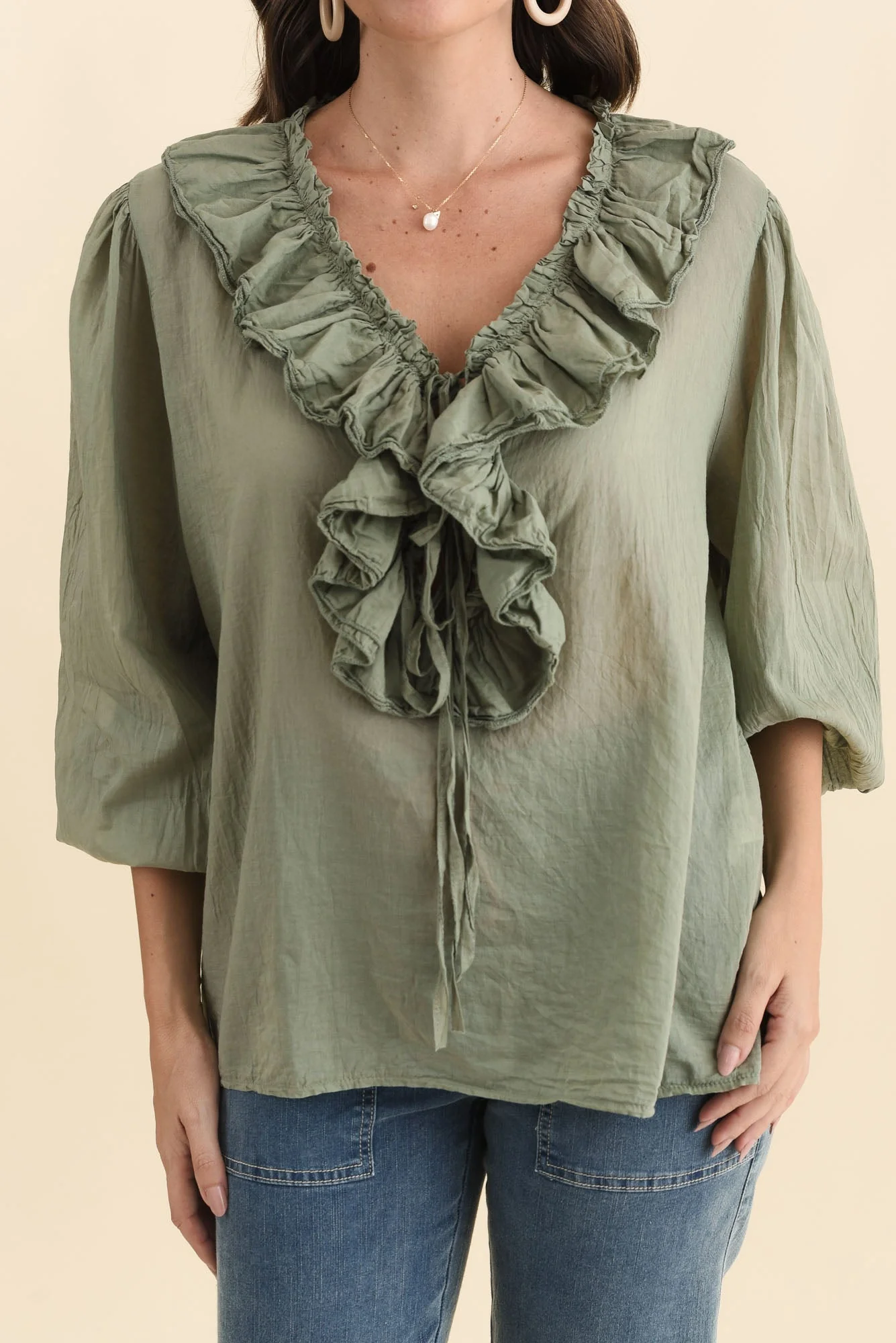 Winifred Khaki Cotton Frill Top - Image 5