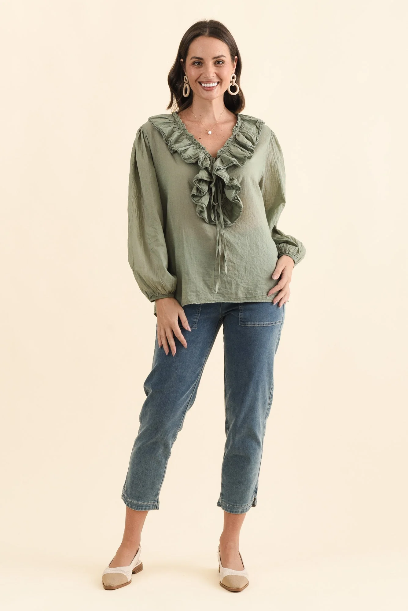 Winifred Khaki Cotton Frill Top - Image 6