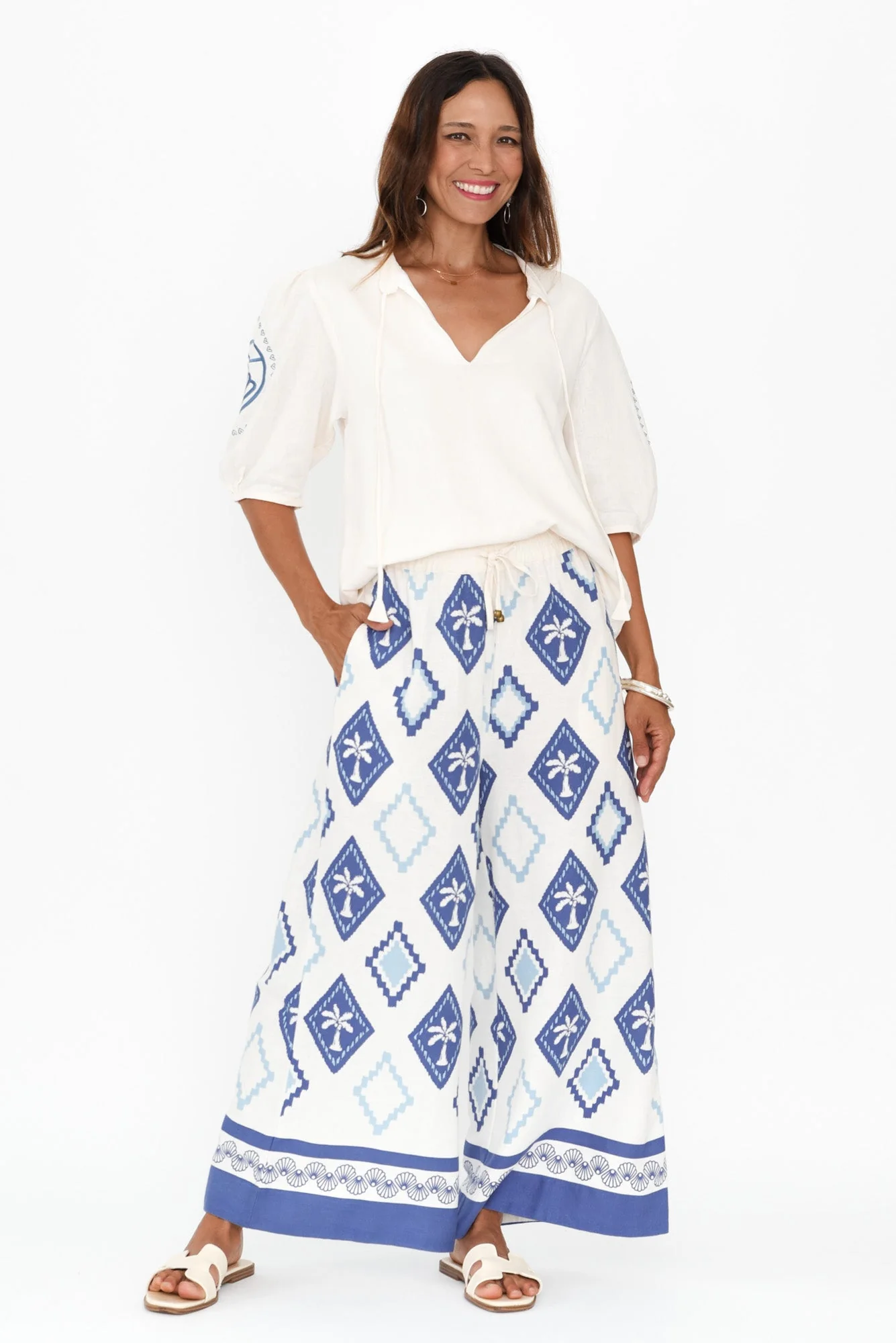 Yara Blue Palm Linen Pants - Image 2