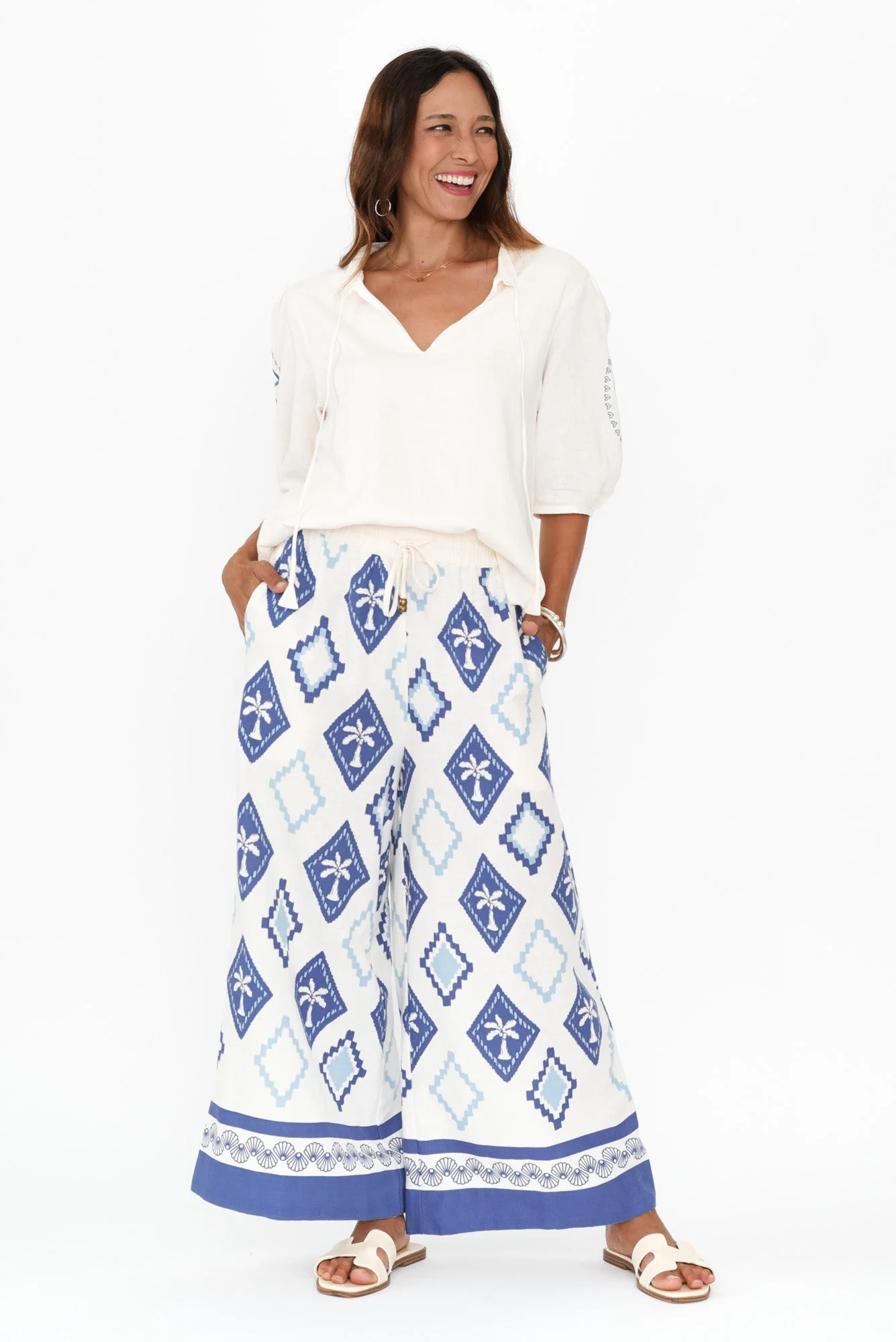 Yara Blue Palm Linen Pants - Image 6