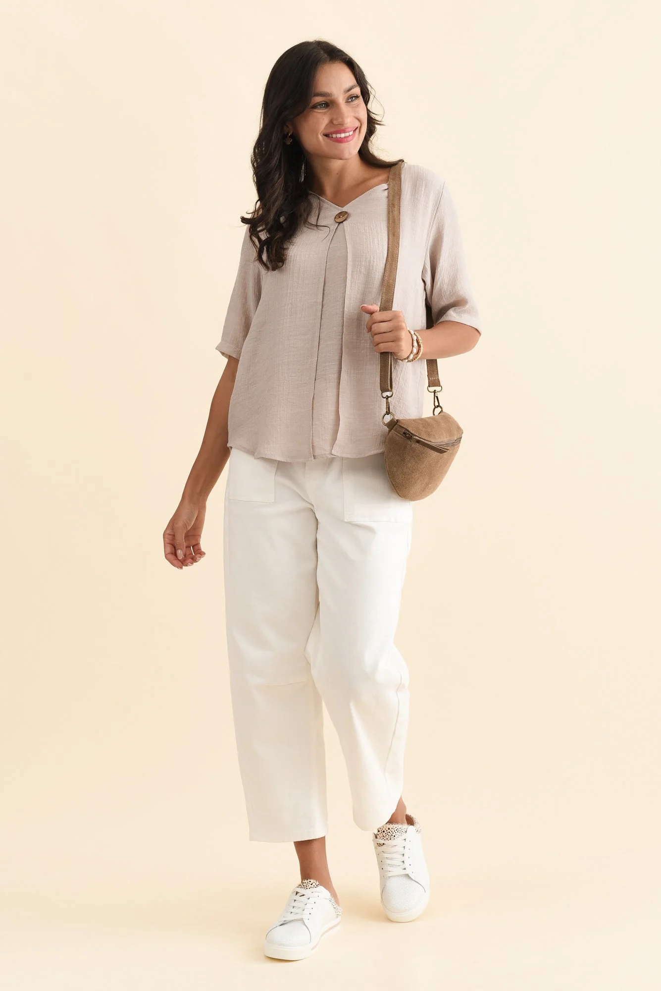 Yasmin Beige Layered Button Top - Image 2