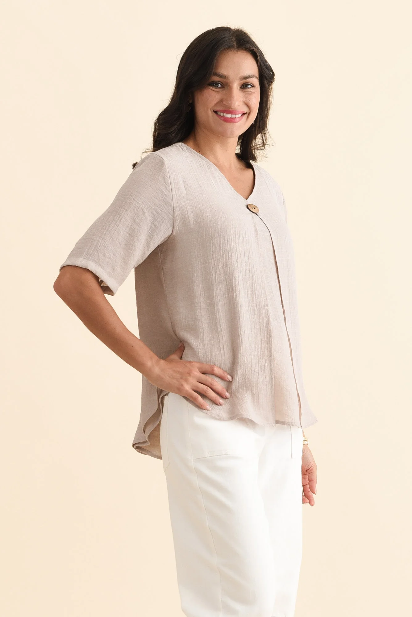 Yasmin Beige Layered Button Top - Image 3