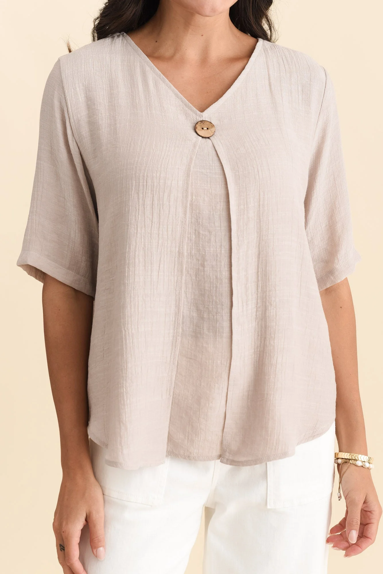 Yasmin Beige Layered Button Top - Image 5