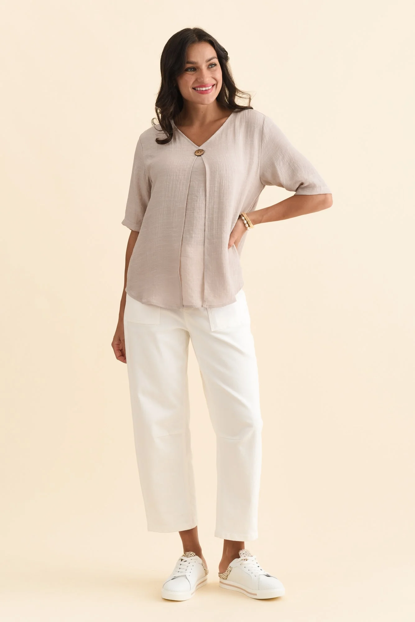 Yasmin Beige Layered Button Top - Image 6
