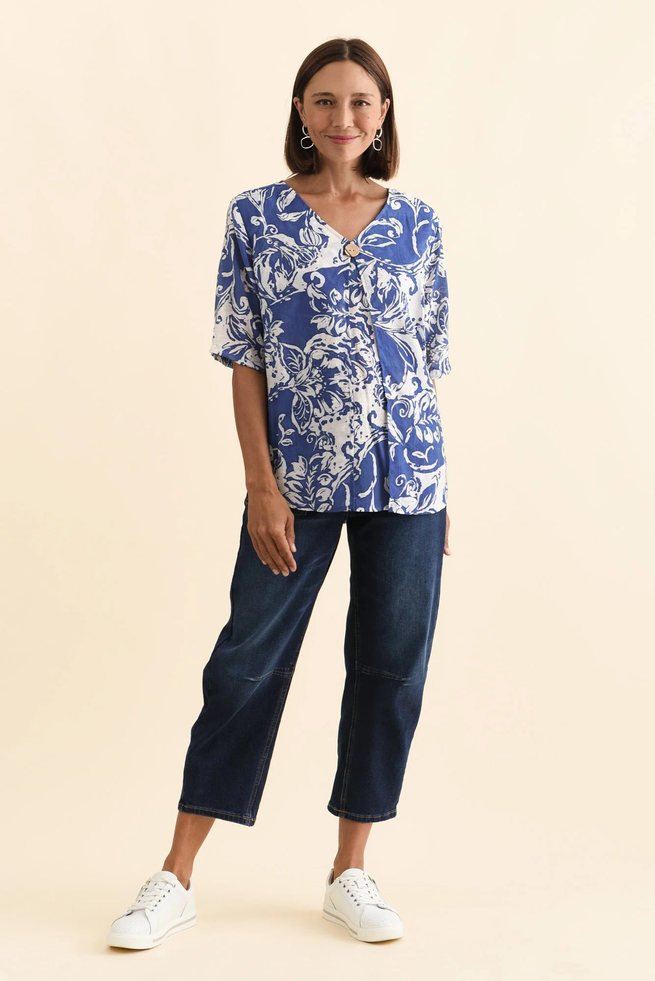 Yasmin Blue Abstract Layered Button Top - Image 3