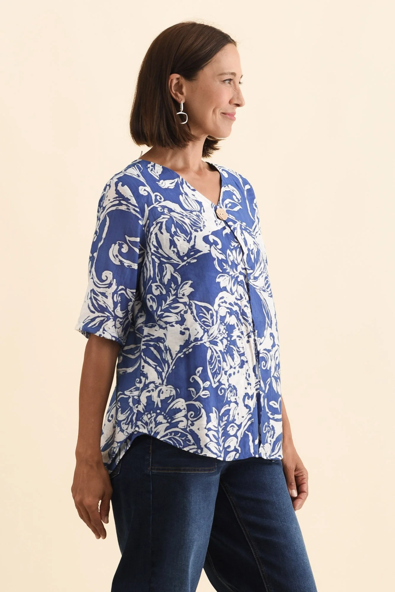 Yasmin Blue Abstract Layered Button Top - Image 4