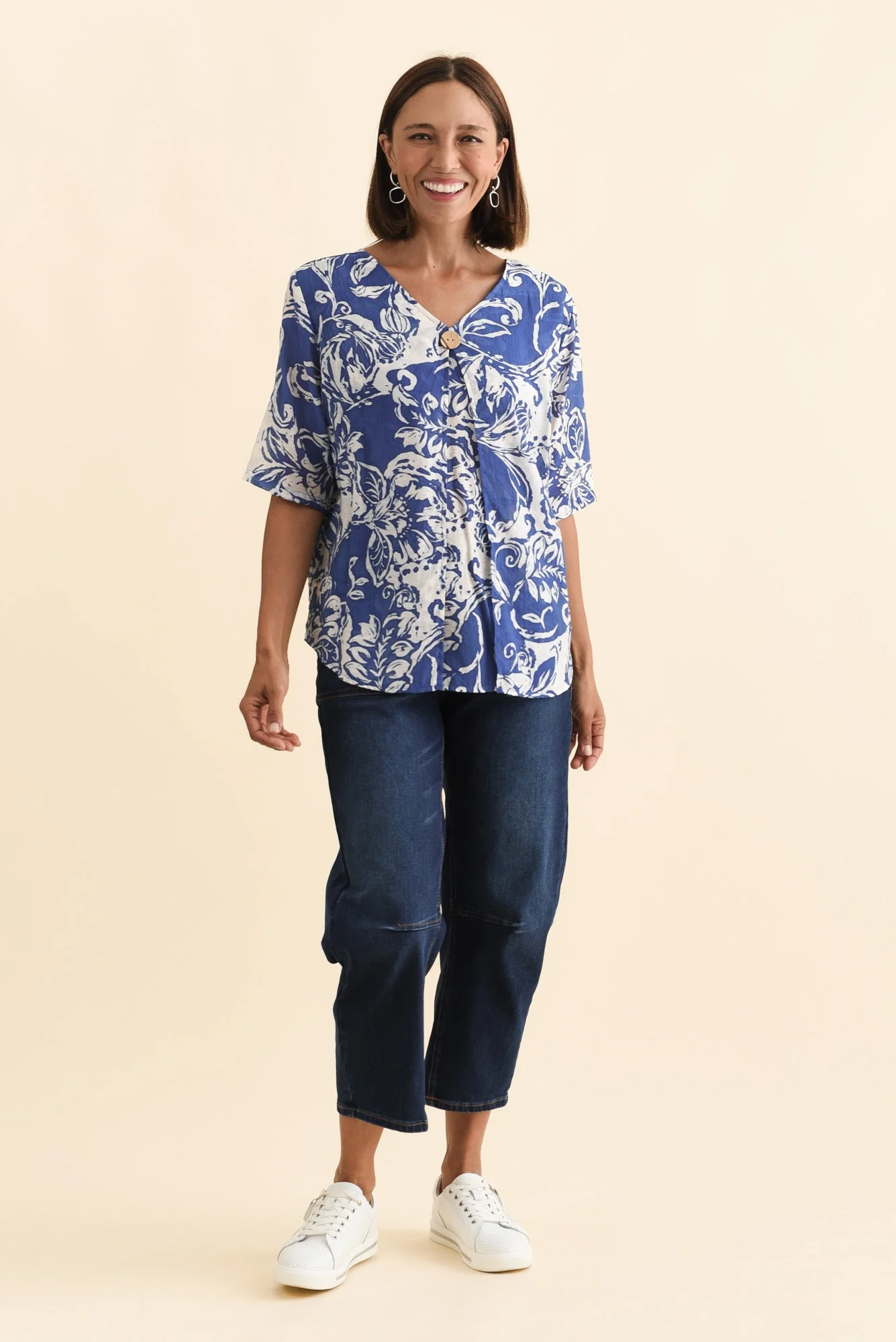 Yasmin Blue Abstract Layered Button Top - Image 7