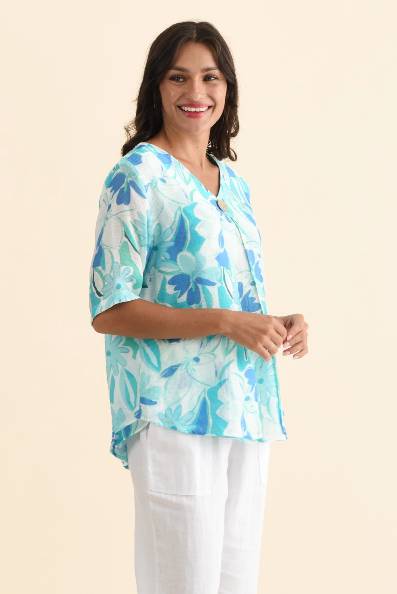 Yasmin Blue Floral Layered Button Top - Image 3