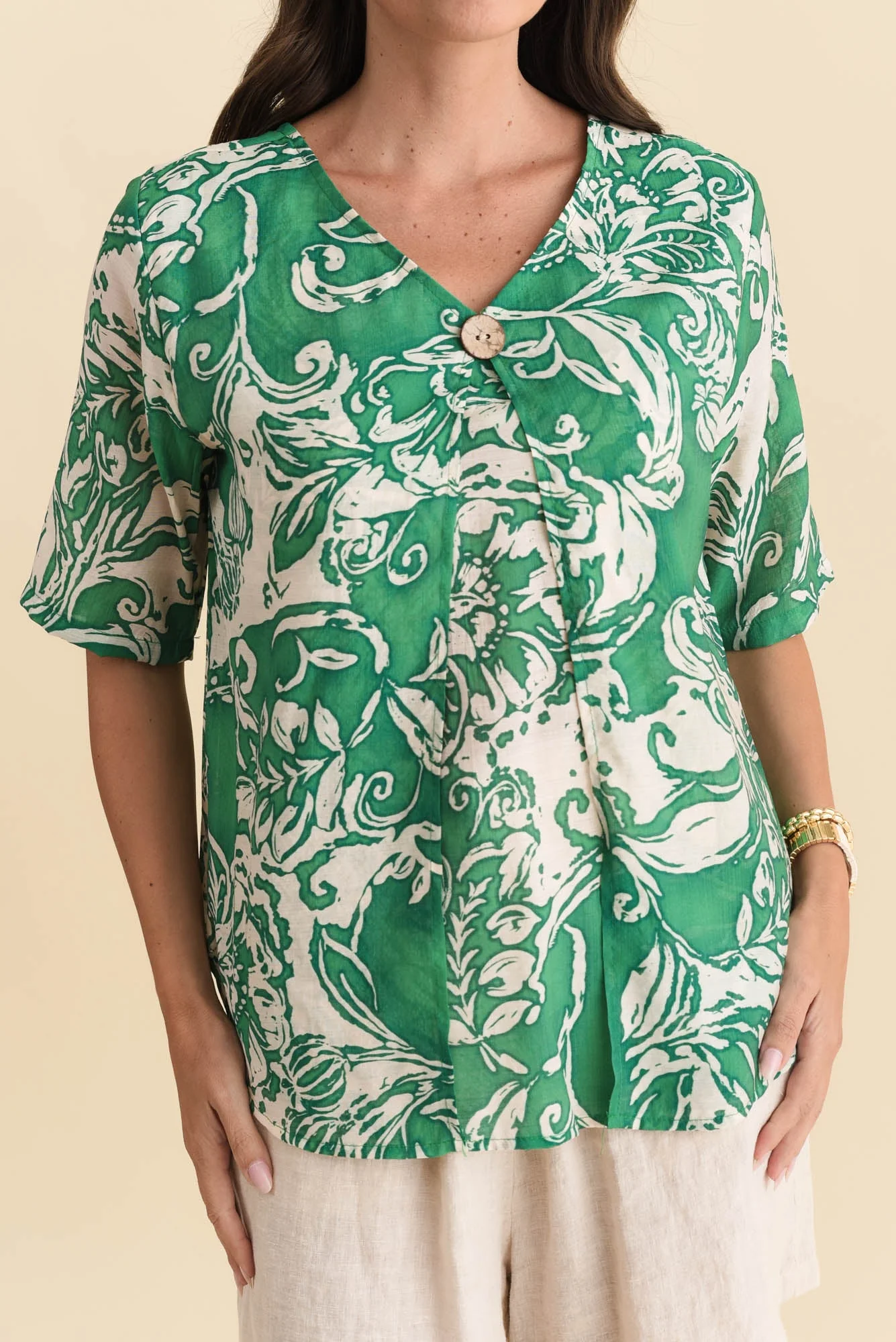Yasmin Green Abstract Layered Button Top - Image 5