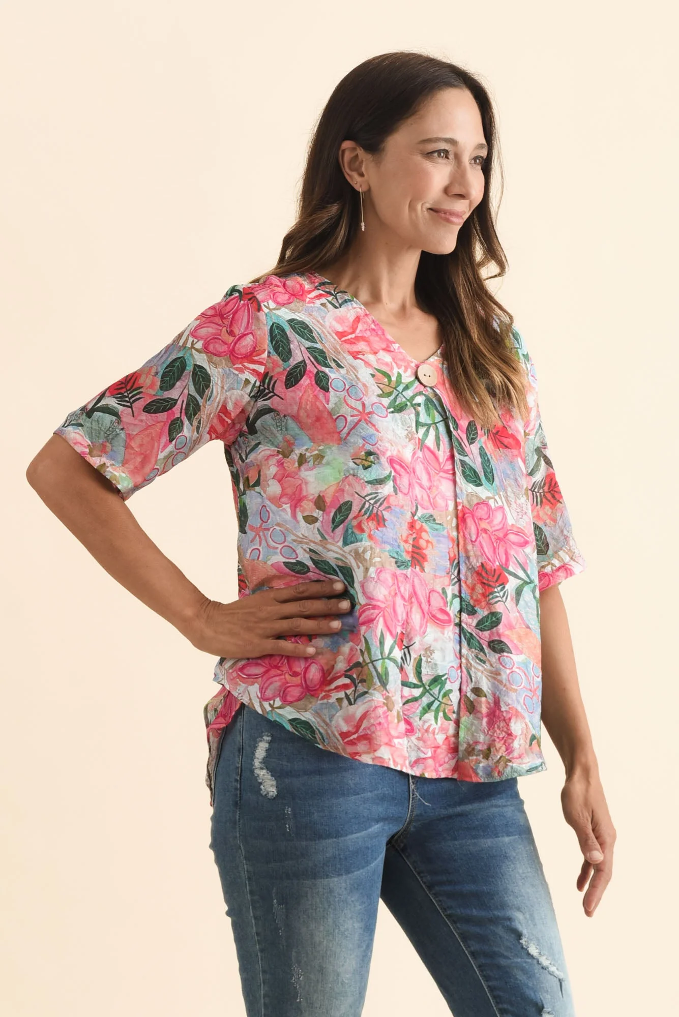 Yasmin Pink Floral Layered Button Top - Image 3