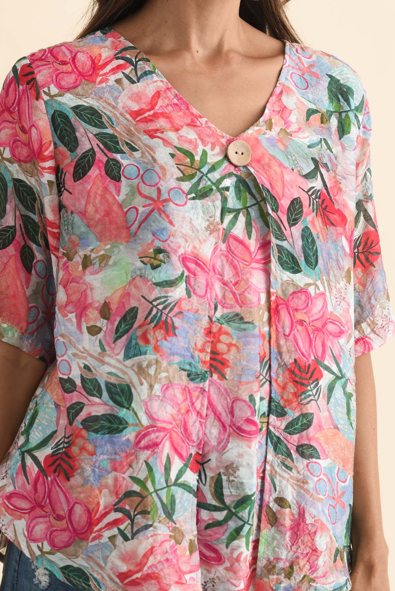 Yasmin Pink Floral Layered Button Top - Image 5